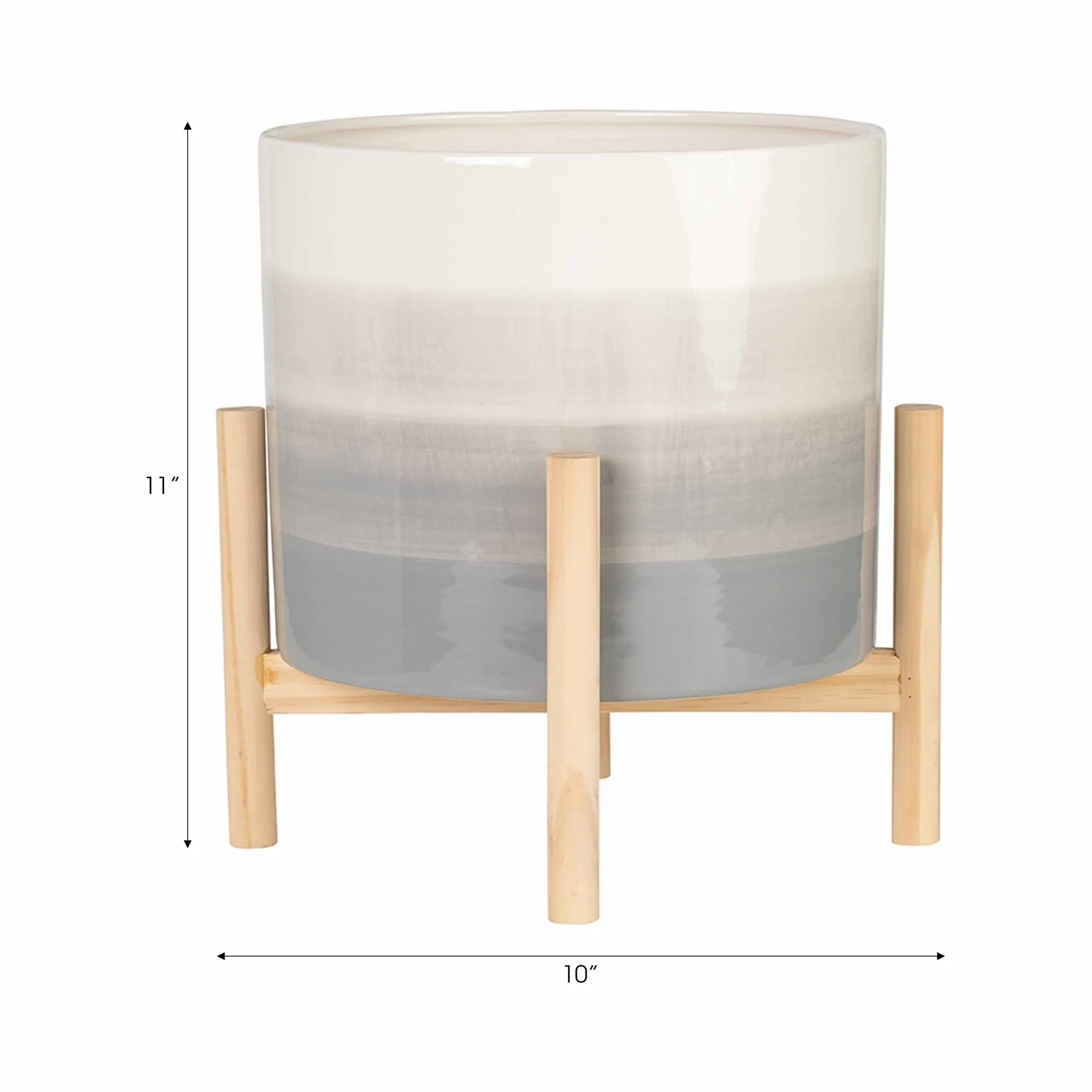 12" Ceramic Planter W/ Wood Stand, Beige Mix - Image 9
