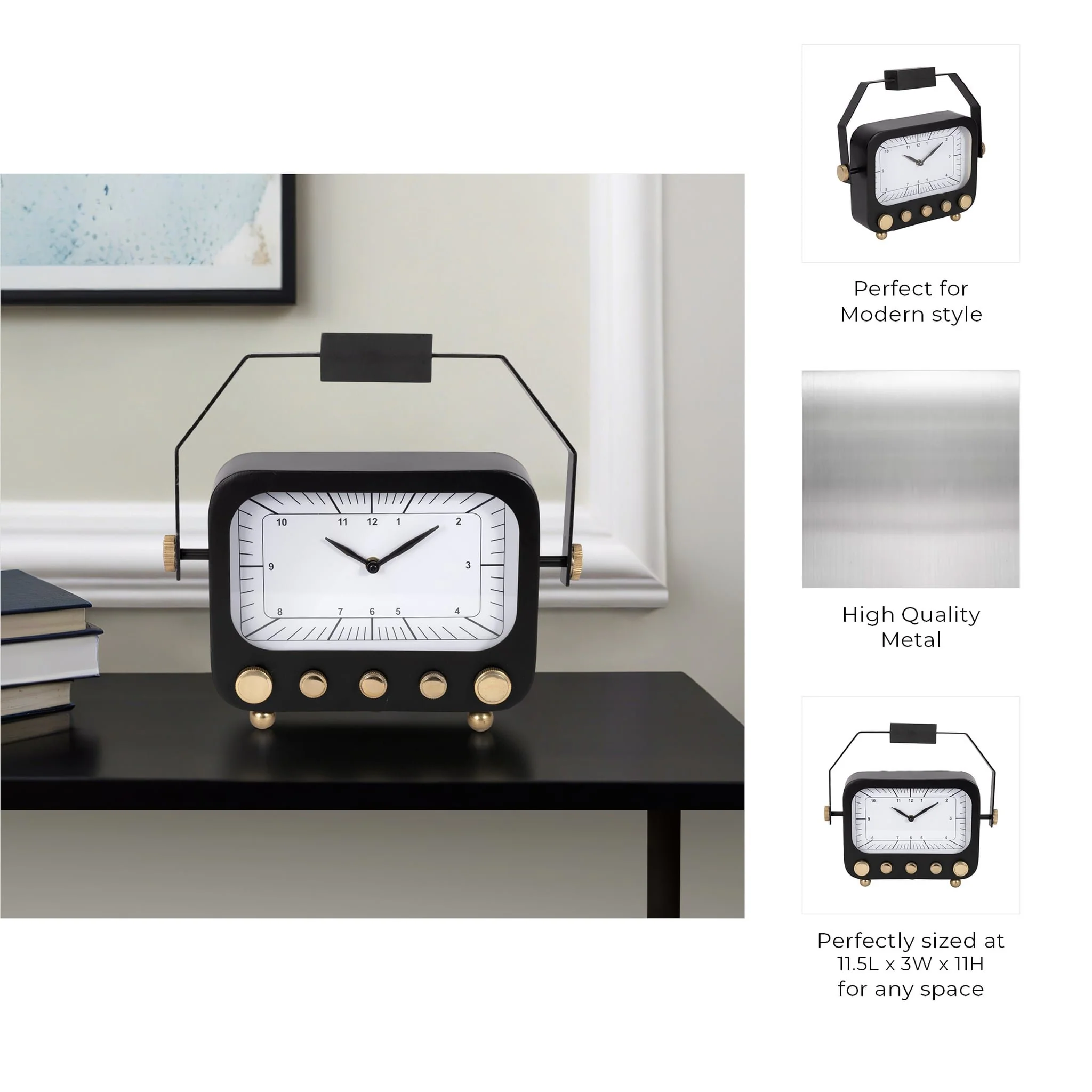 12" Footed Clock With Handle, Black/gold - Image 10