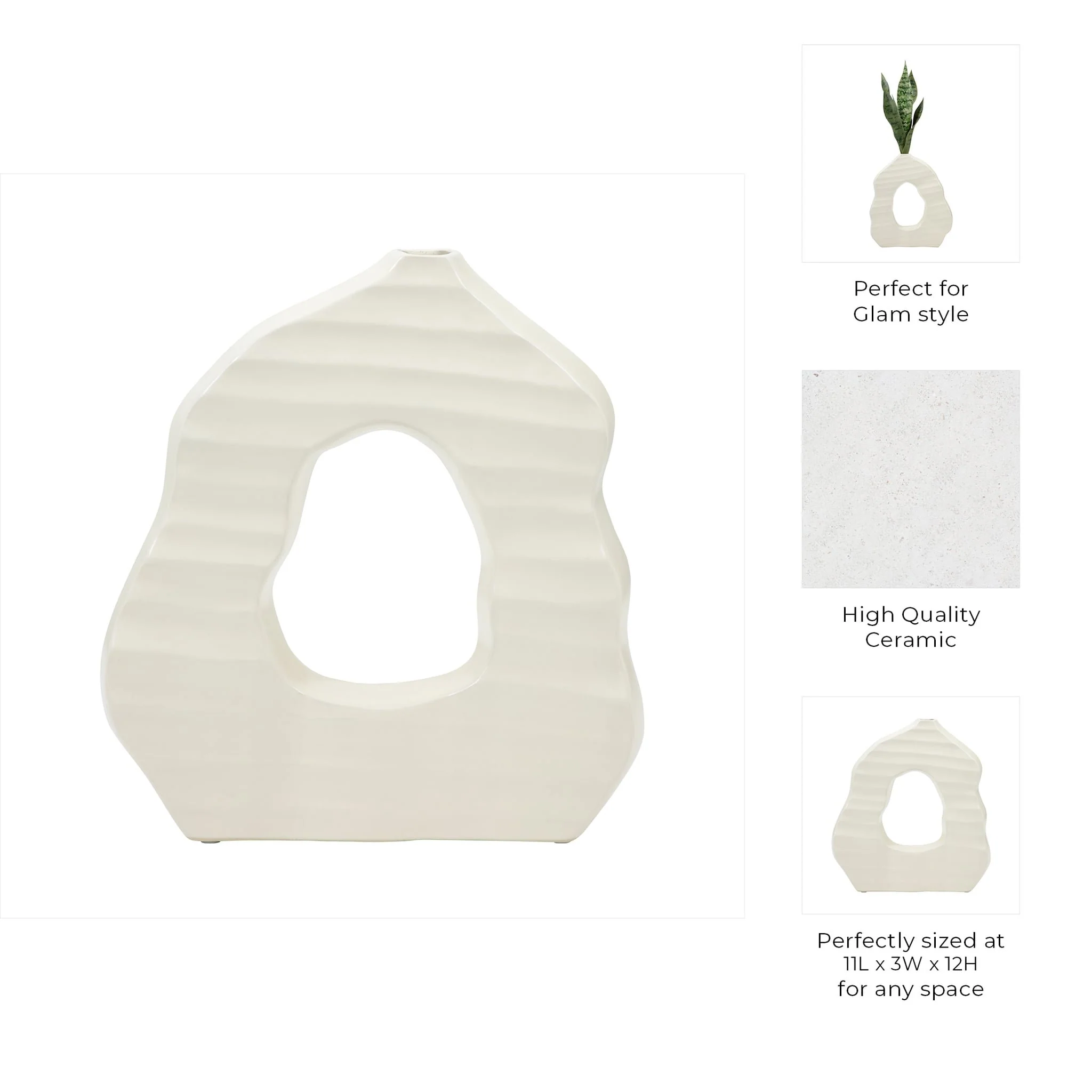 12" Ribbed Open-cut Out Vase, Ivory - Image 9