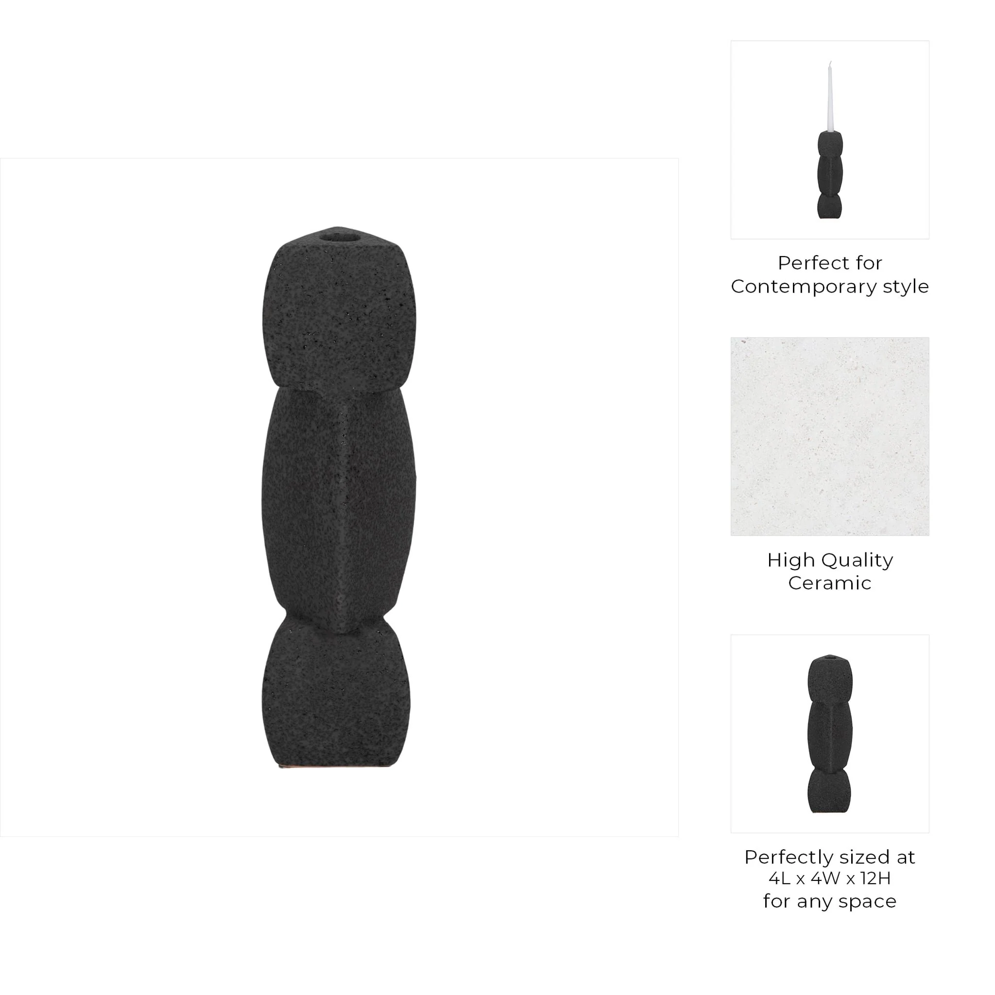 12" Stacked Objects Taper Holder Sand Glaze, Black - Image 9