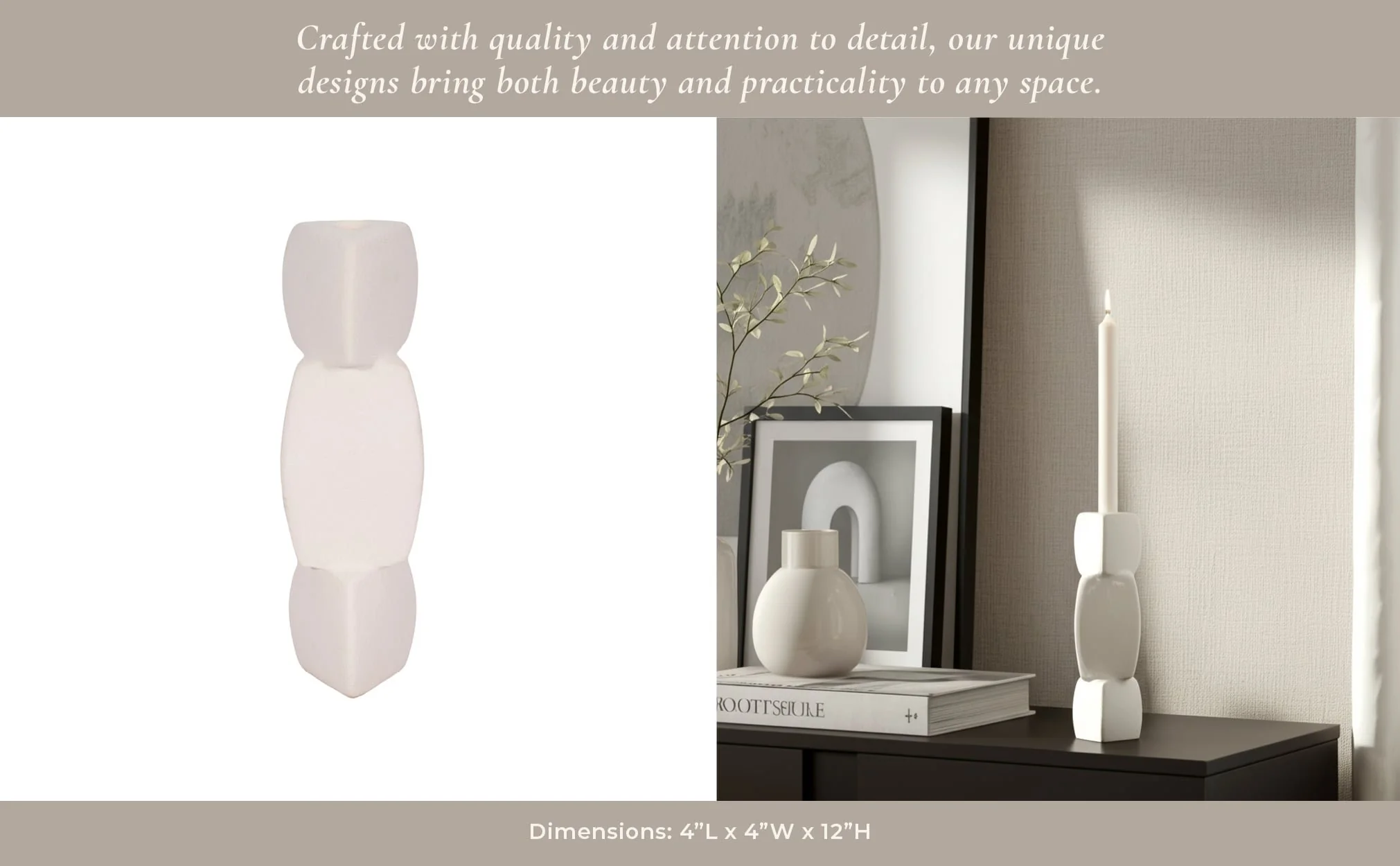12" Stacked Objects Taper Holder Sand Glaze, White - Image 13