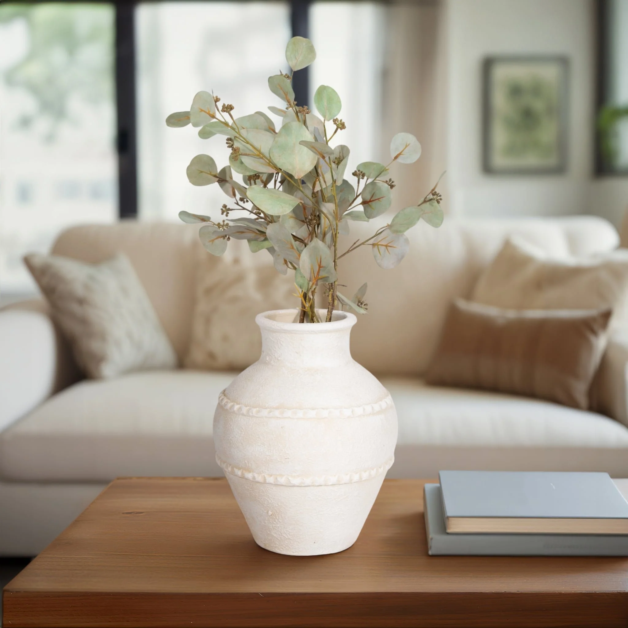 12" Traditional Textured Terracotta Vase, Ivory - Image 10