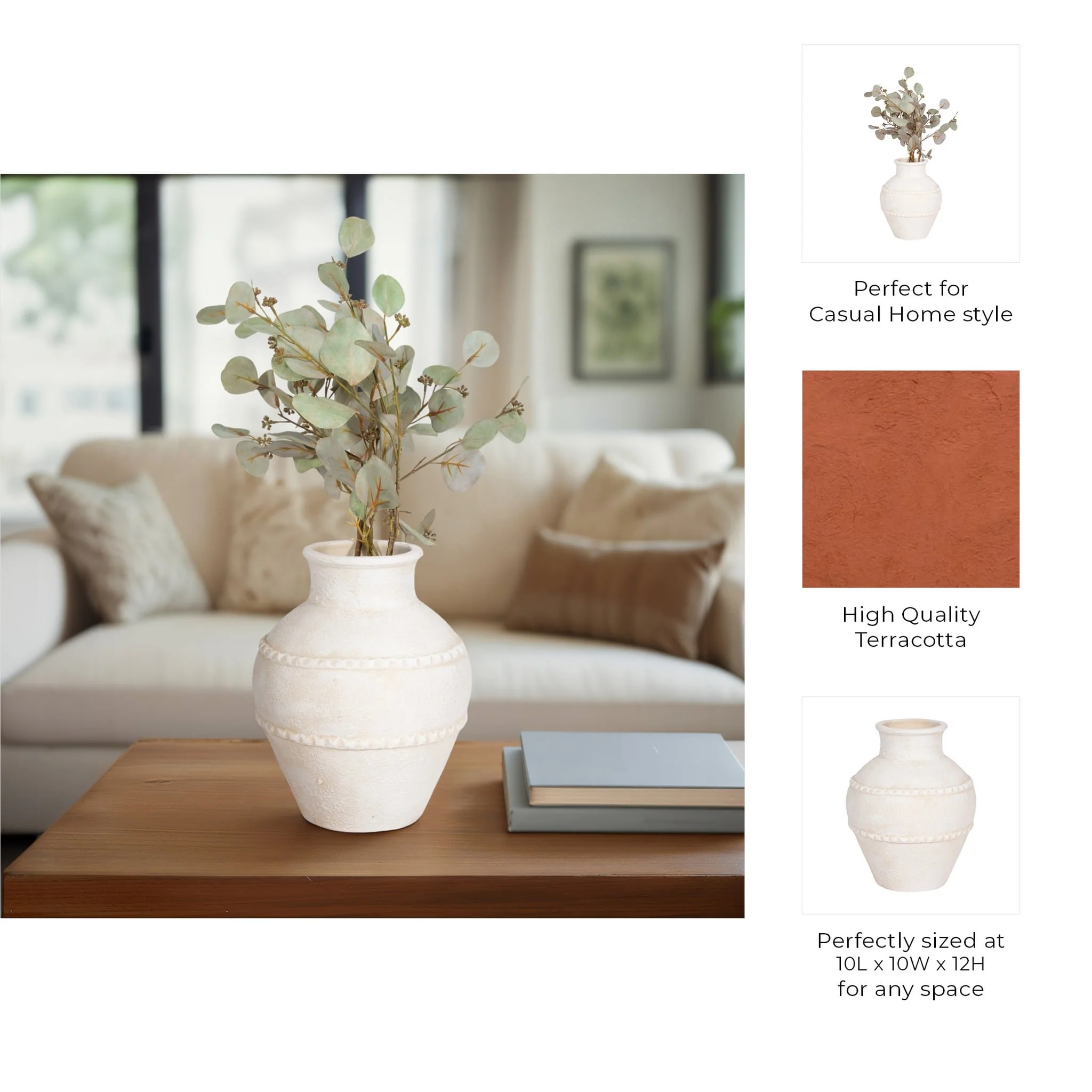 12" Traditional Textured Terracotta Vase, Ivory - Image 9