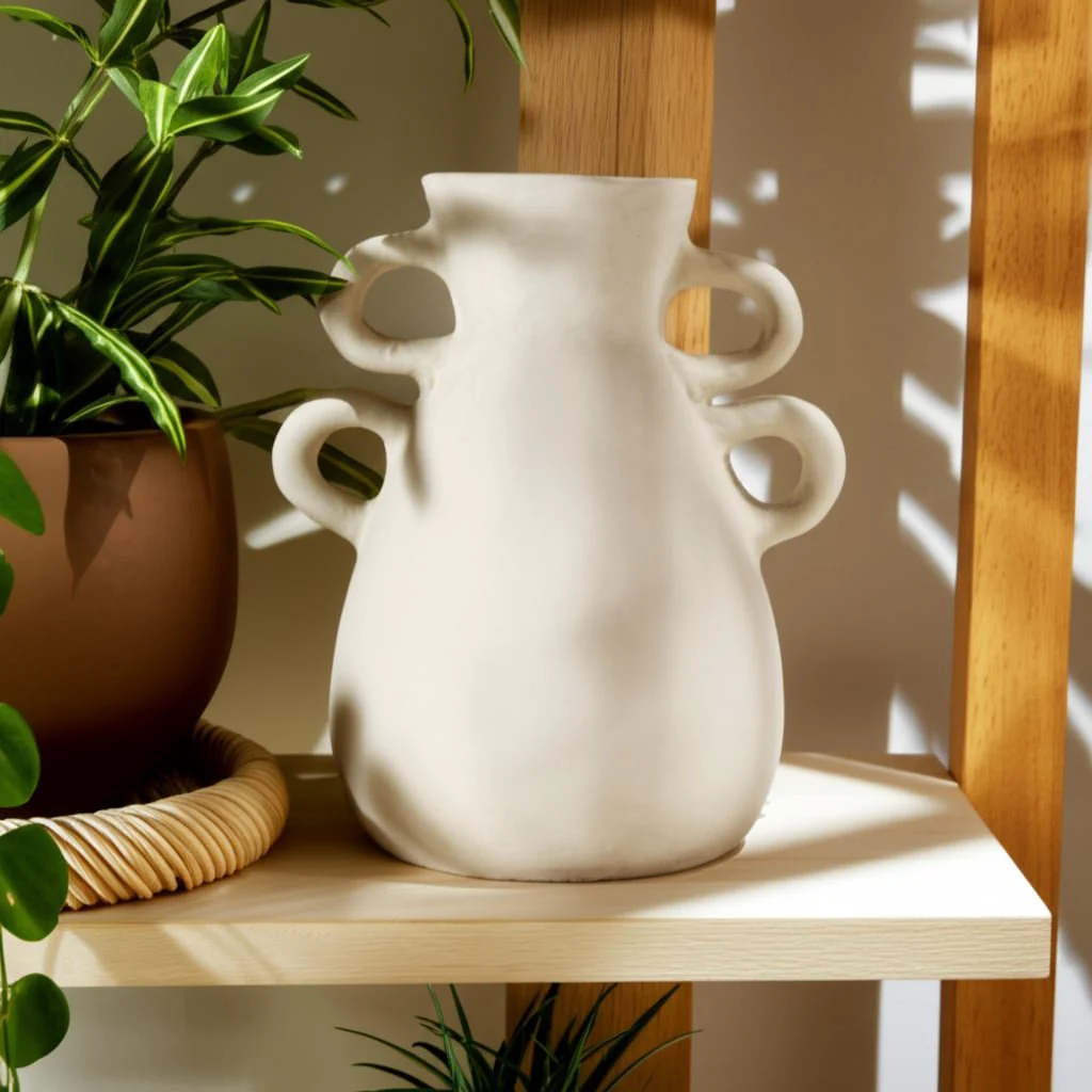 12" Vase With 4 Handles, Paper Mache, Ivory - Image 12