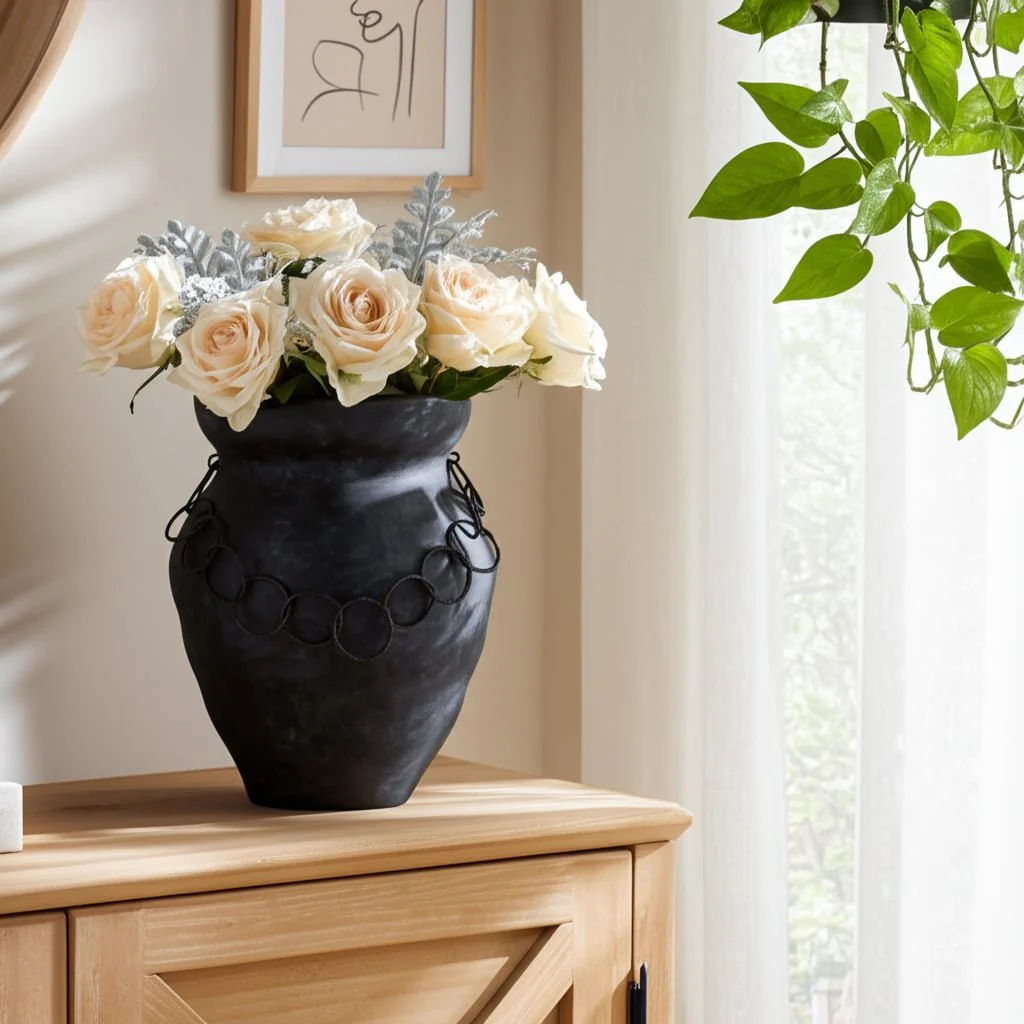 12x10" Rustic Vase With Chain, Black - Image 11