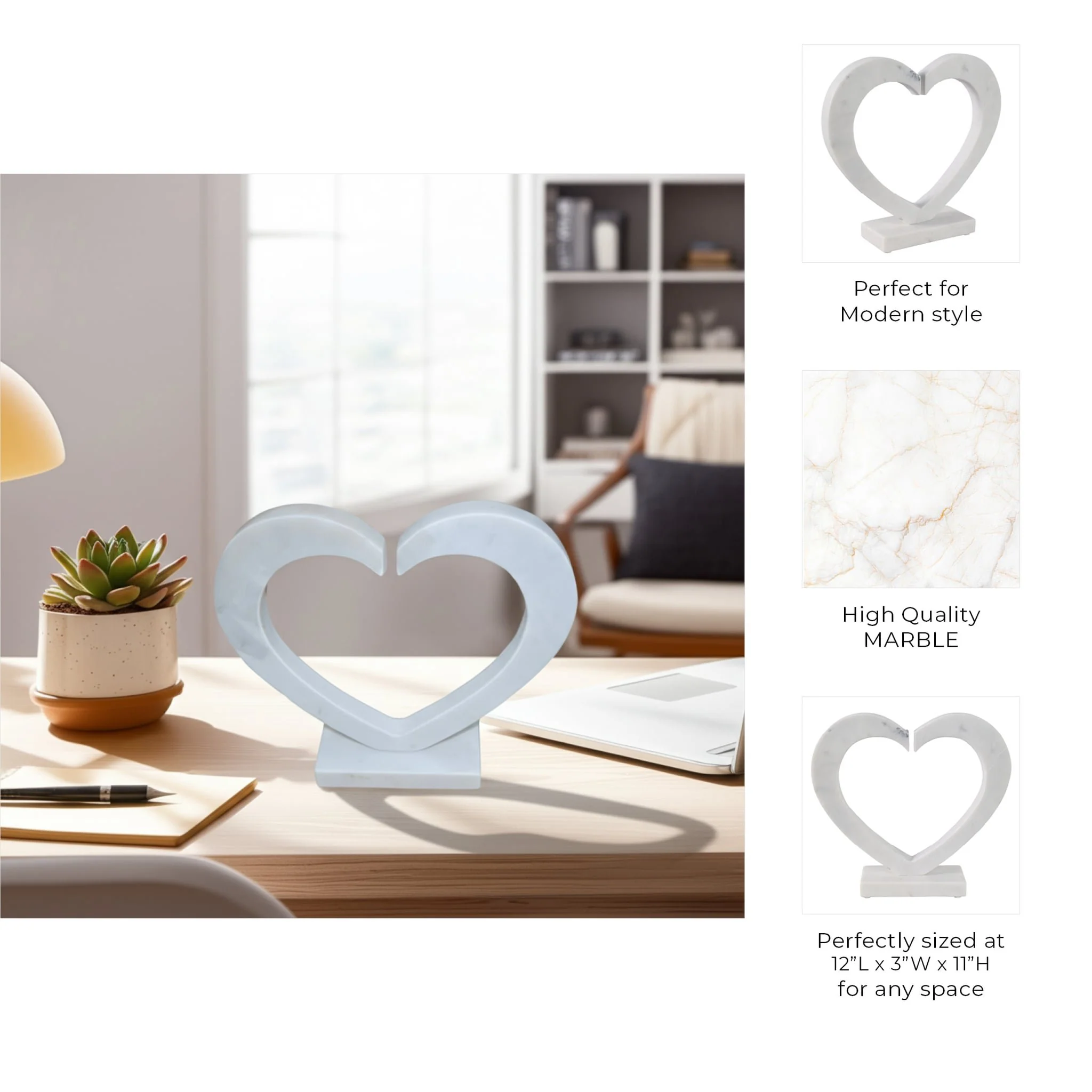 12x11" Open Heart Marble Sculpture, White - Image 9