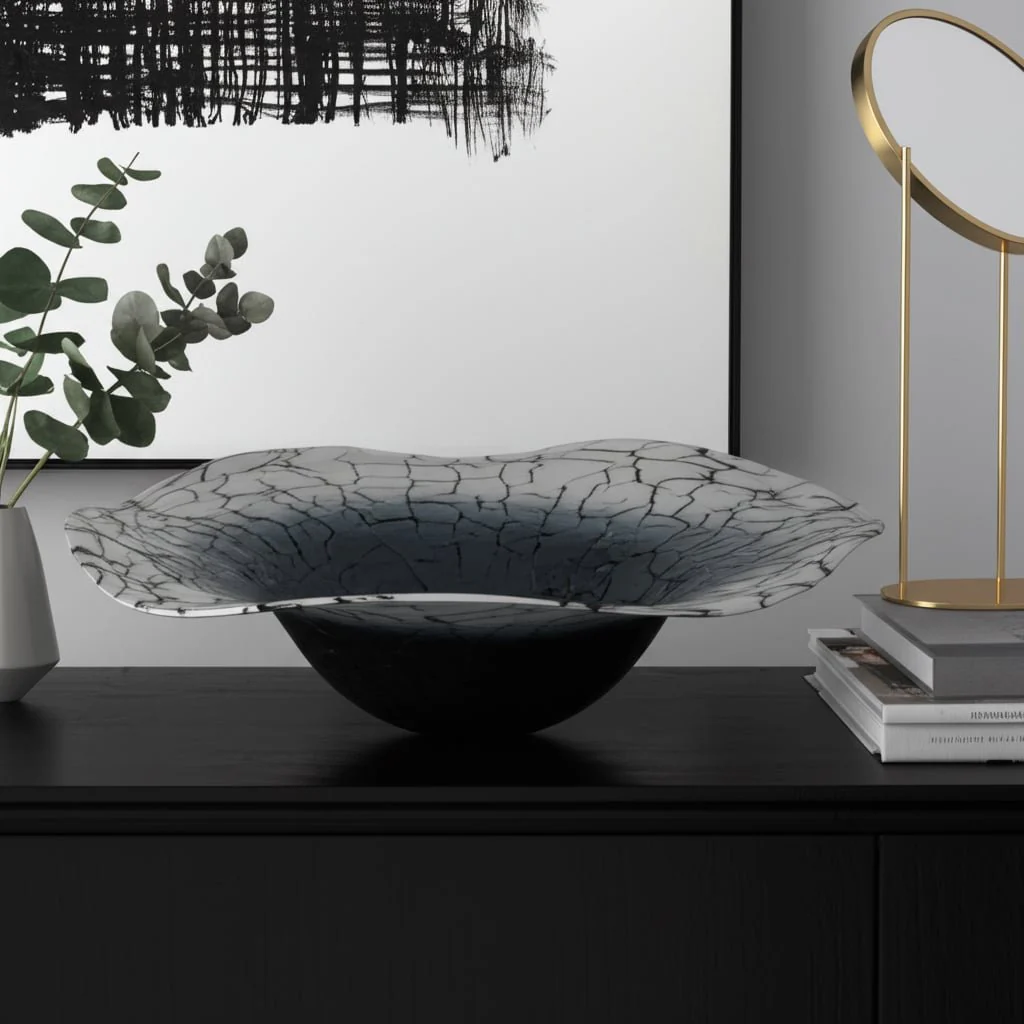 12x12" Abstract Glass Bowl With Veining, White/bla - Image 10