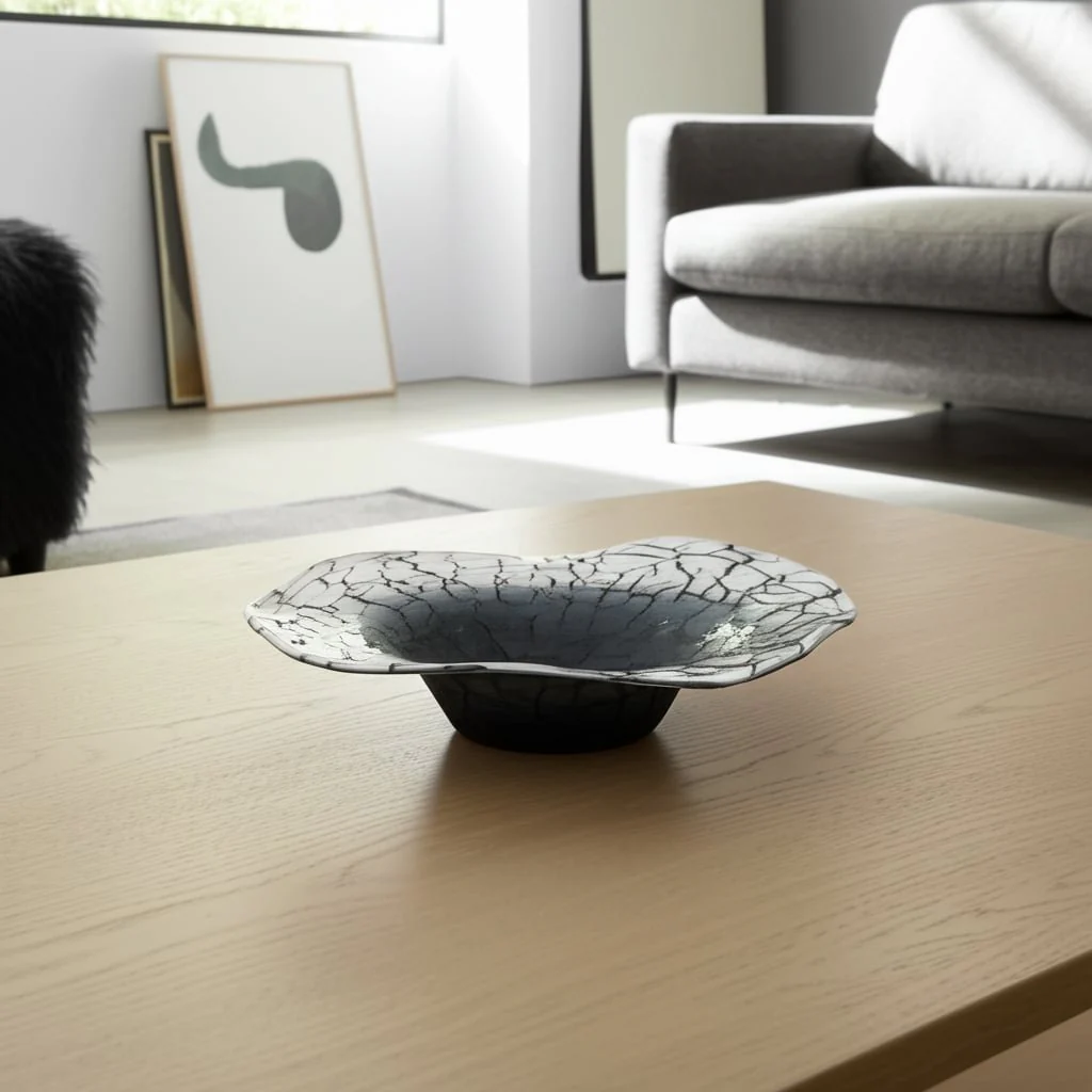 12x12" Abstract Glass Bowl With Veining, White/bla - Image 12