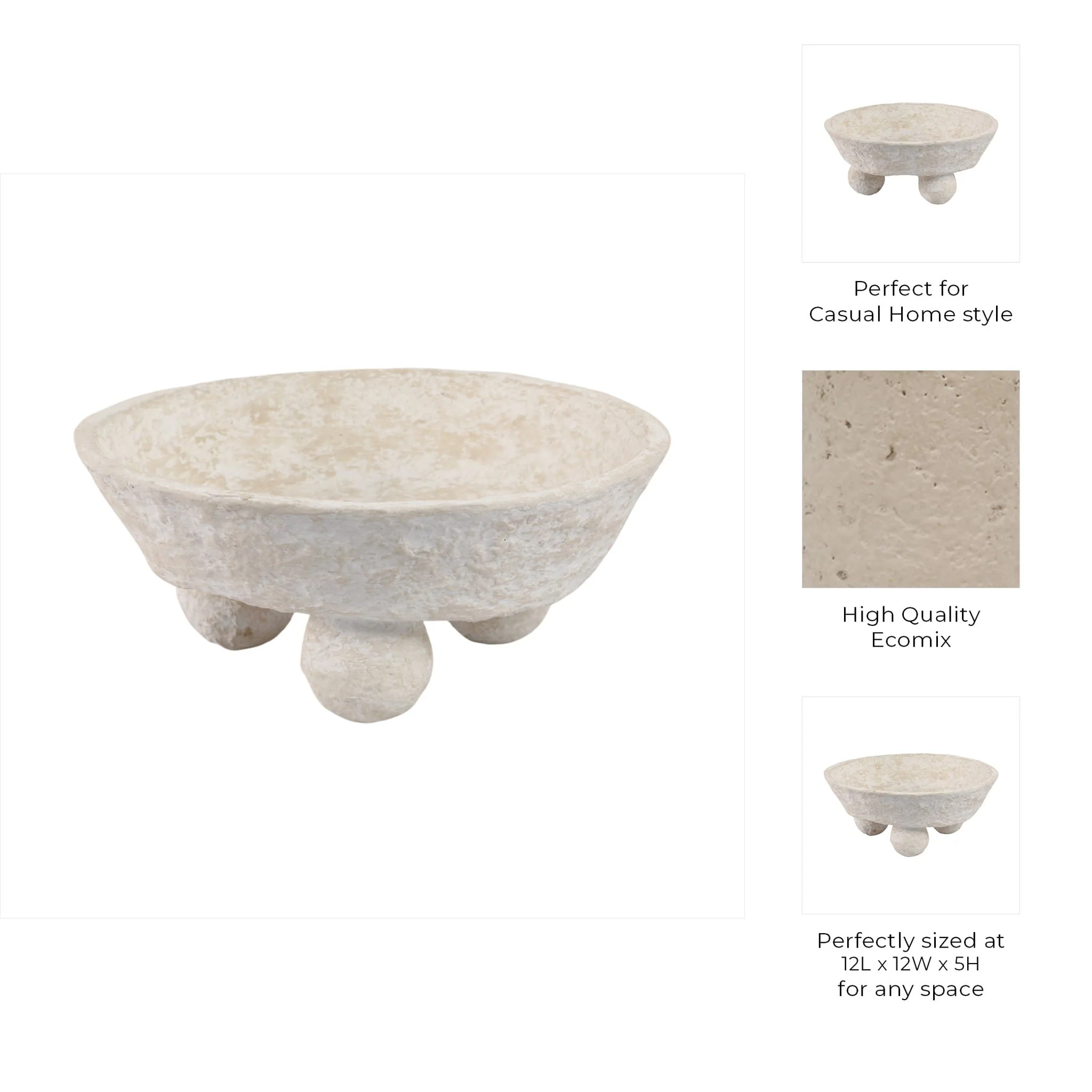 12x12" Paper Mache Knobby Footed Bowl, White - Image 8