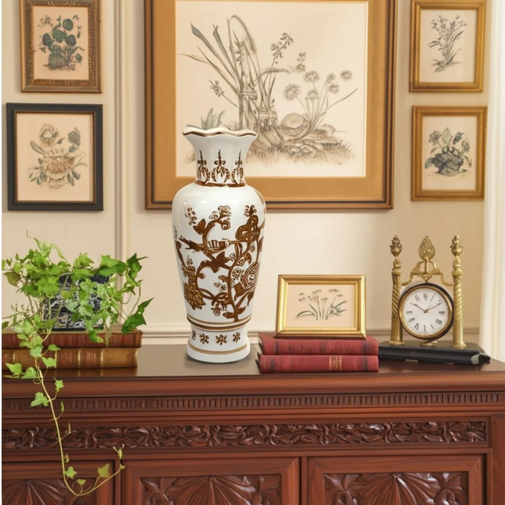 12x5" Chinoiserie Bird & Vines Vase, Brown/white - Image 10
