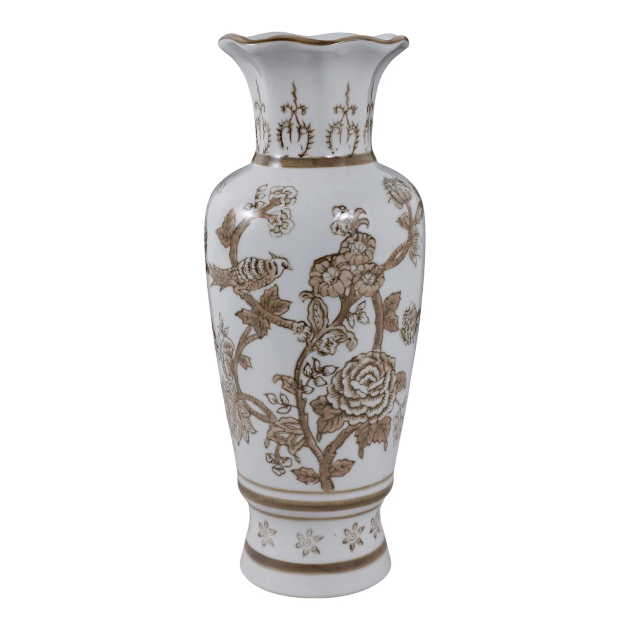 12x5" Chinoiserie Bird & Vines Vase, Brown/white - Image 4