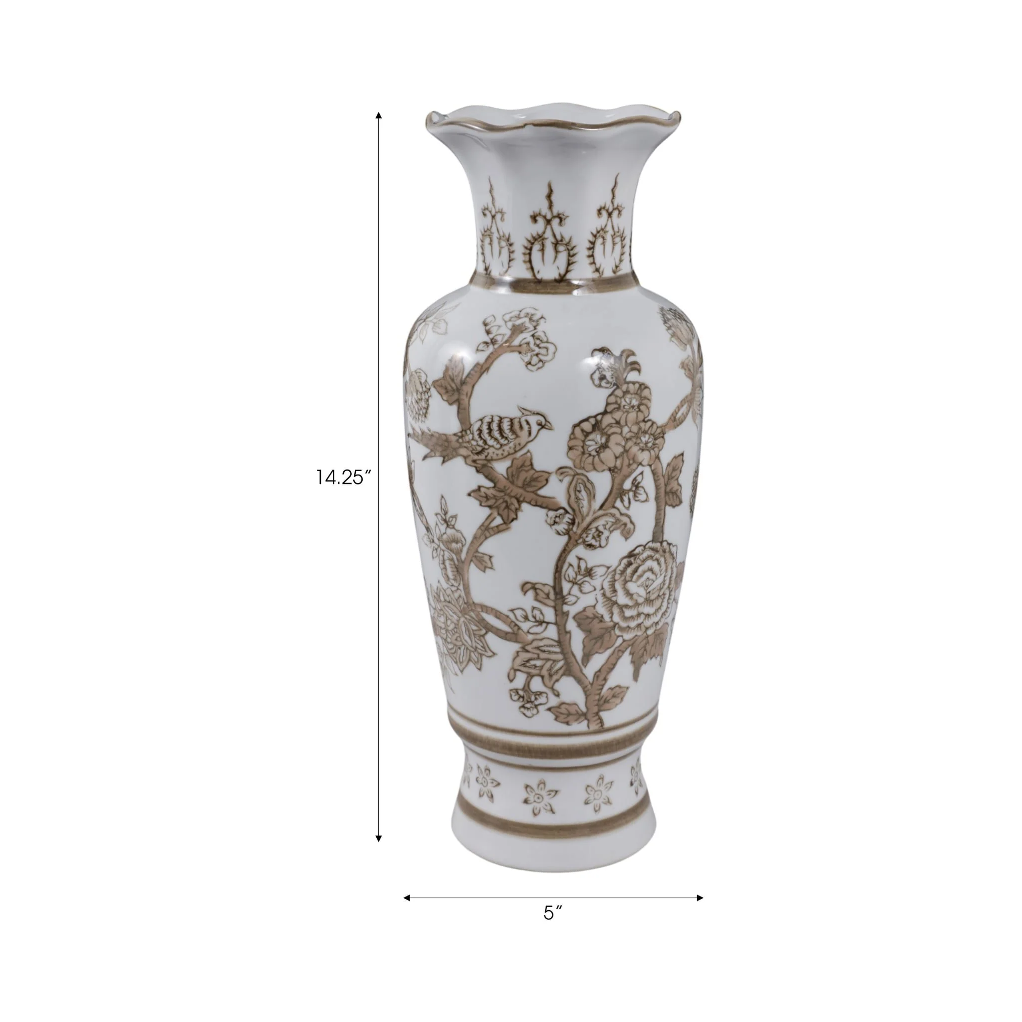 12x5" Chinoiserie Bird & Vines Vase, Brown/white - Image 8