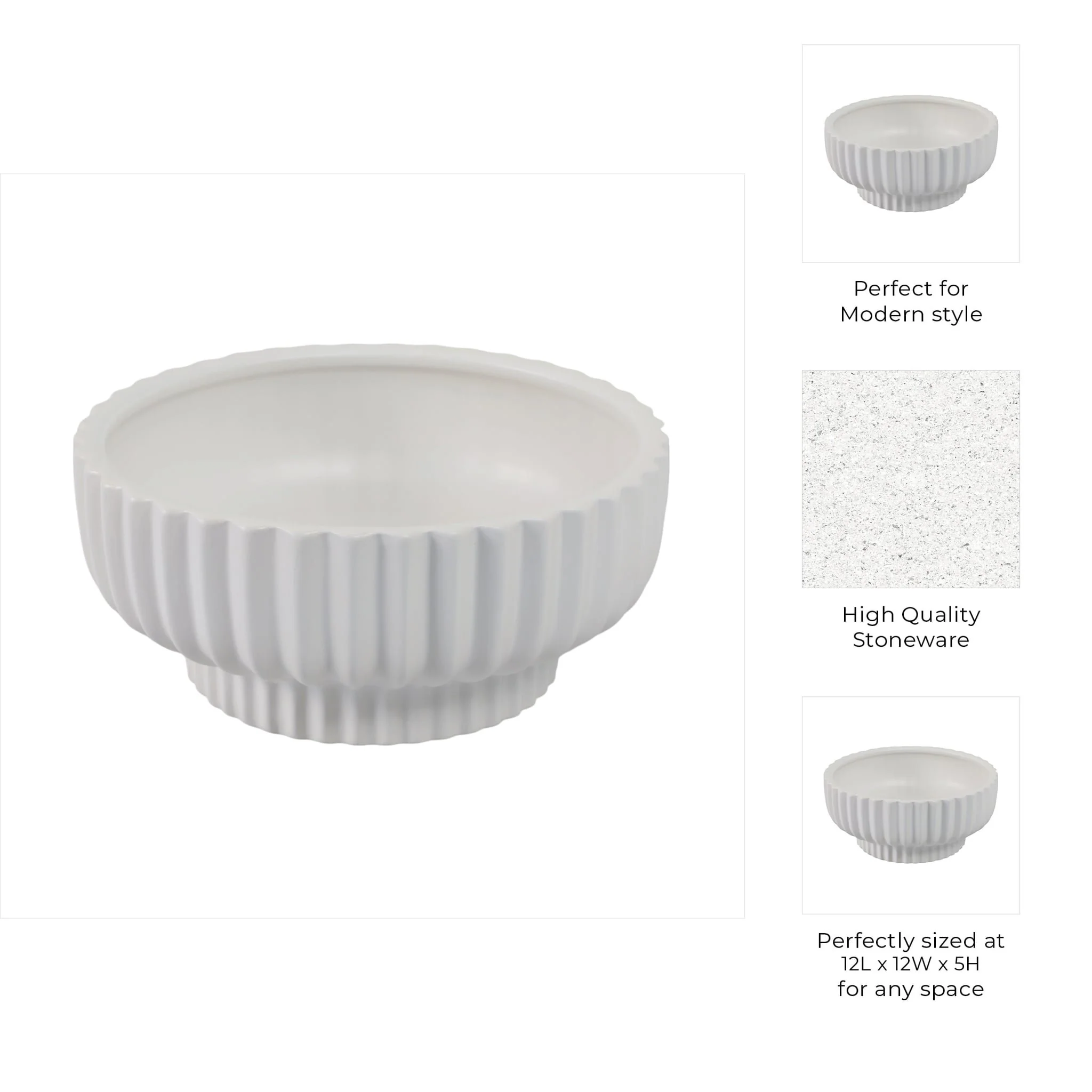 12x5" Ridged Pedestal Bowl, White - Image 9