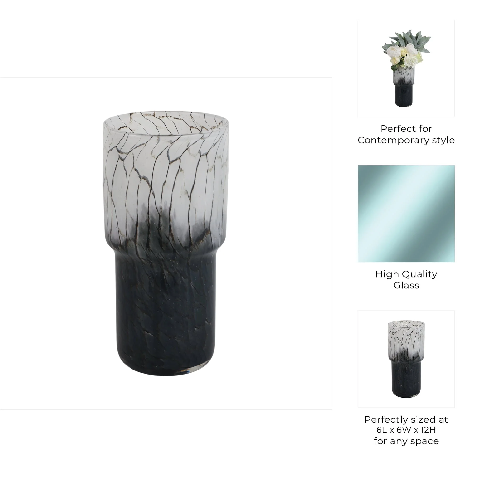 12x6" Abstract Glass Vase With Veining, White/blac - Image 9