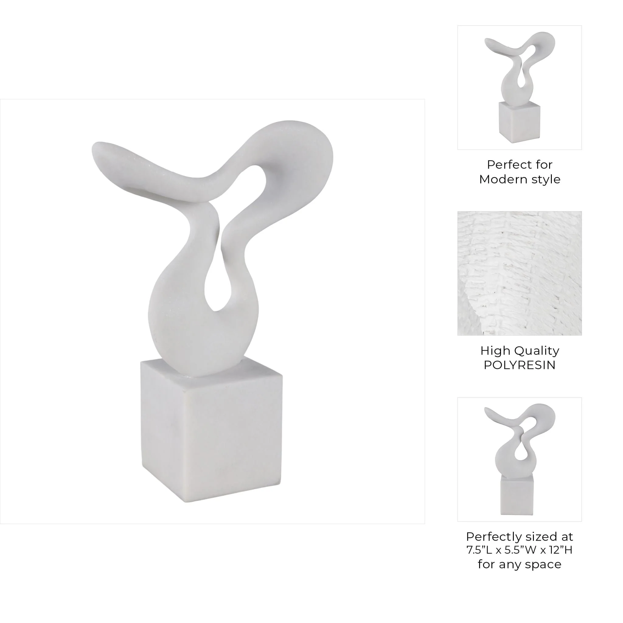 12x7" Abstract Resin Sculpture On Base, White - Image 10