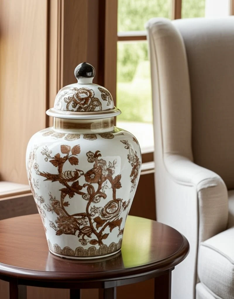 12x7" Chinoiserie Bird & Vines Temple Jar,brwn/wht - Image 10