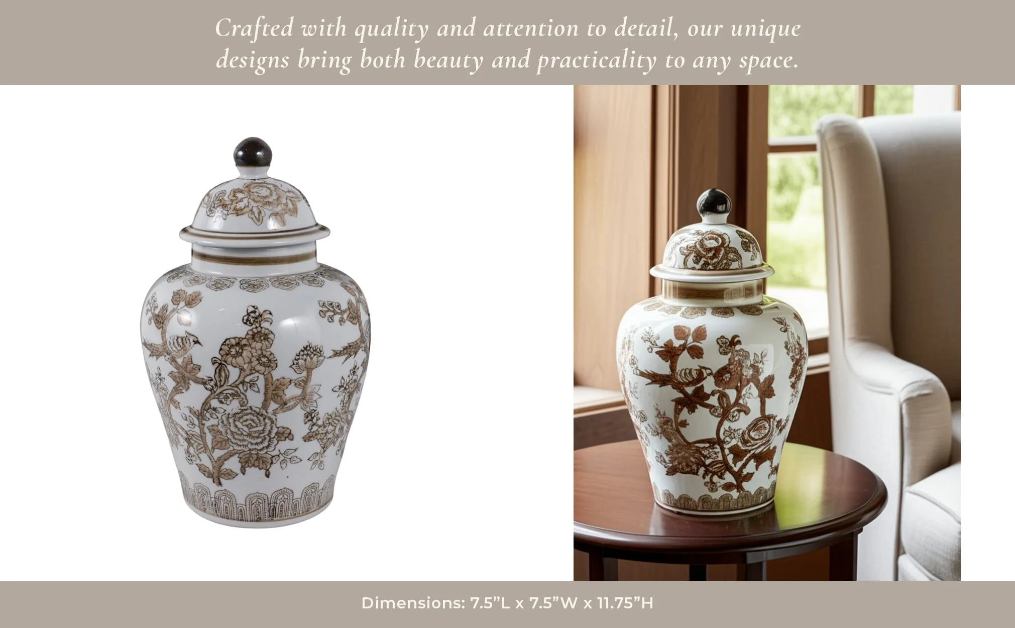 12x7" Chinoiserie Bird & Vines Temple Jar,brwn/wht - Image 14