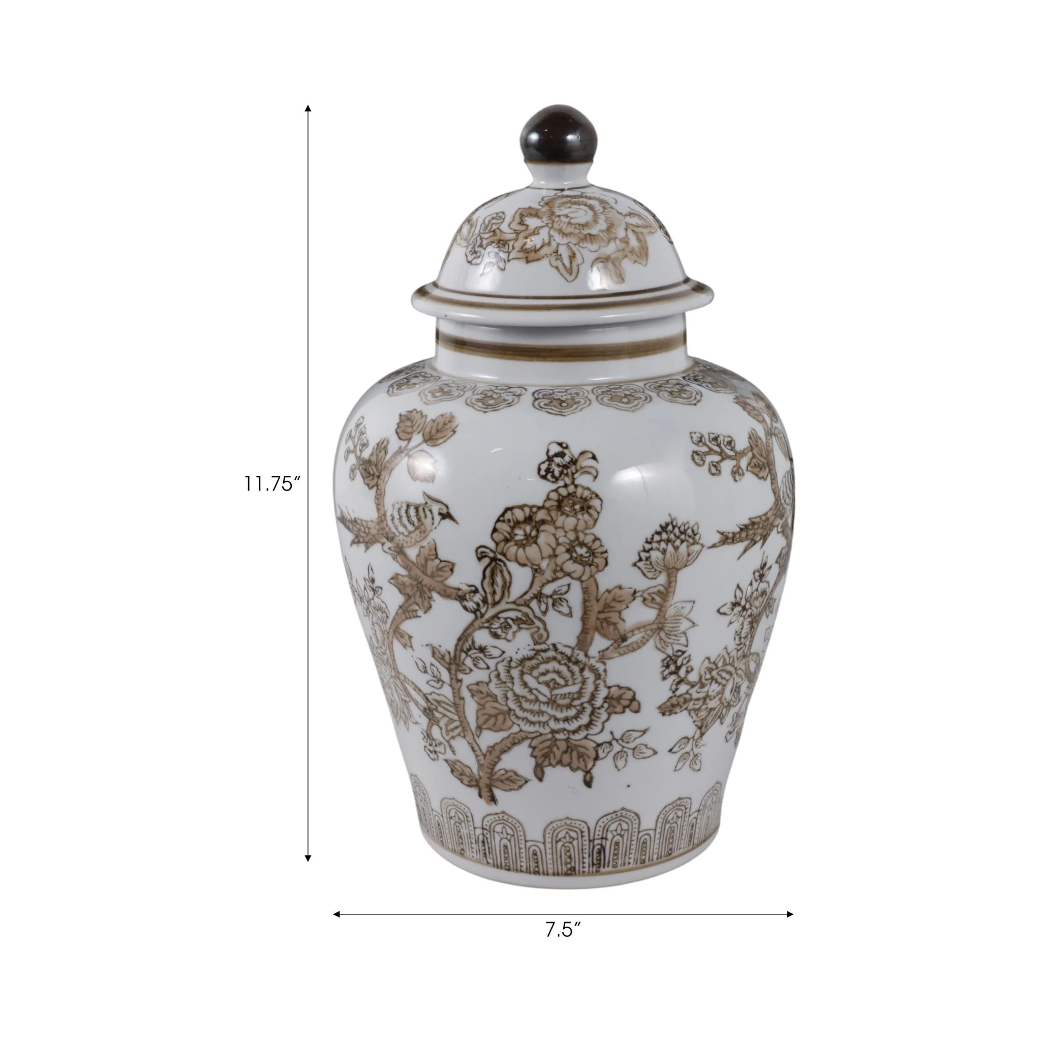 12x7" Chinoiserie Bird & Vines Temple Jar,brwn/wht - Image 8