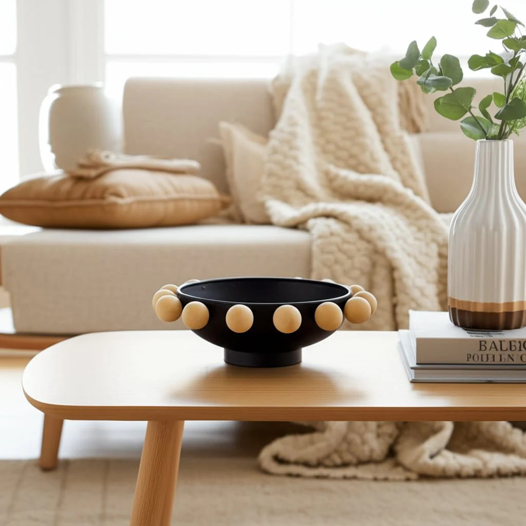 13" Bowl With Large Wooden Knobs, Black - Image 11