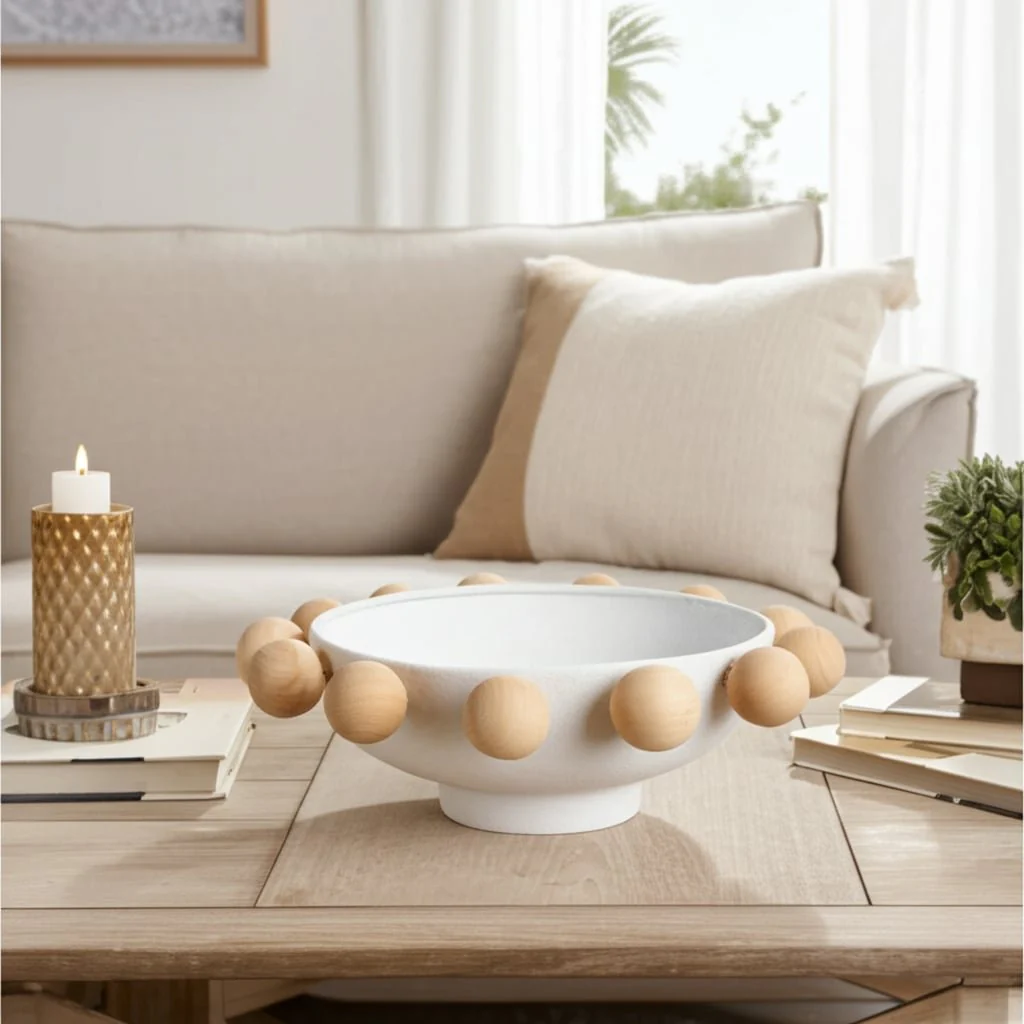 13" Bowl With Large Wooden Knobs, White - Image 13