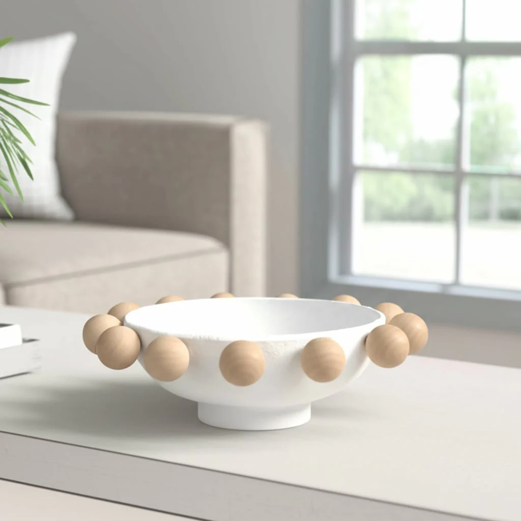 13" Bowl With Large Wooden Knobs, White - Image 14