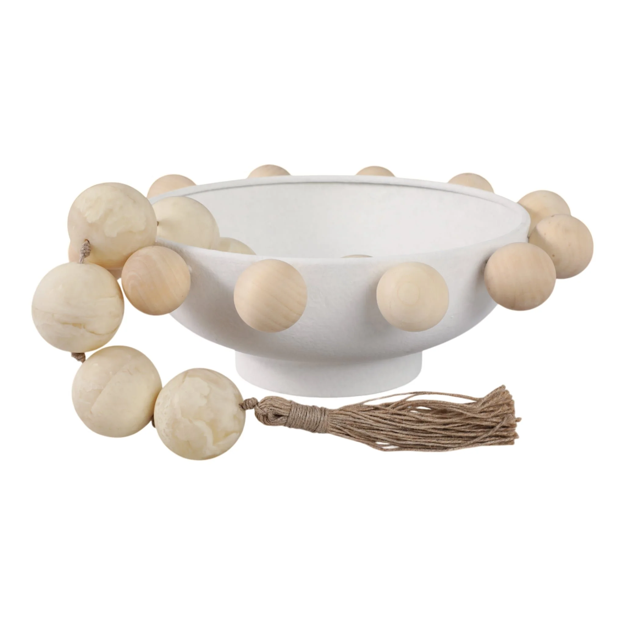 13" Bowl With Large Wooden Knobs, White - Image 3