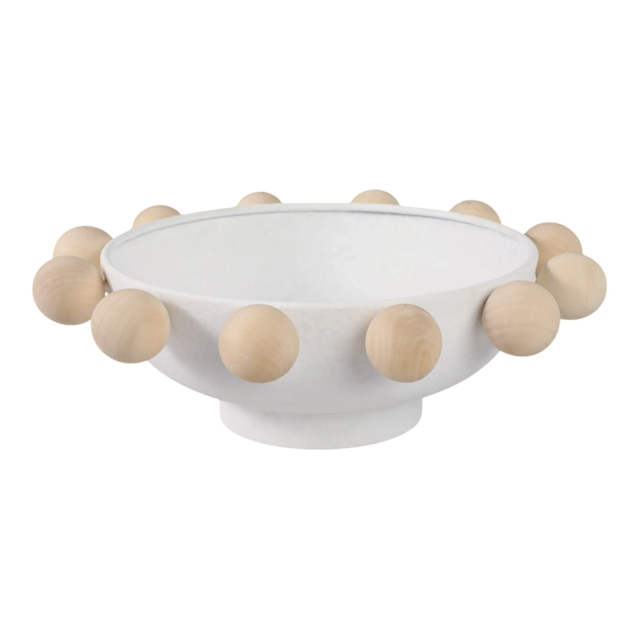 13" Bowl With Large Wooden Knobs, White - Image 4
