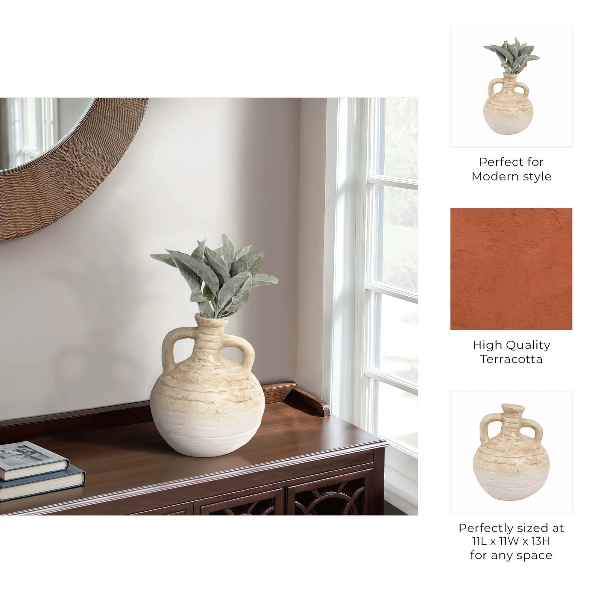 13" Bulbous Terracotta Eared Vase, Ivory - Image 10