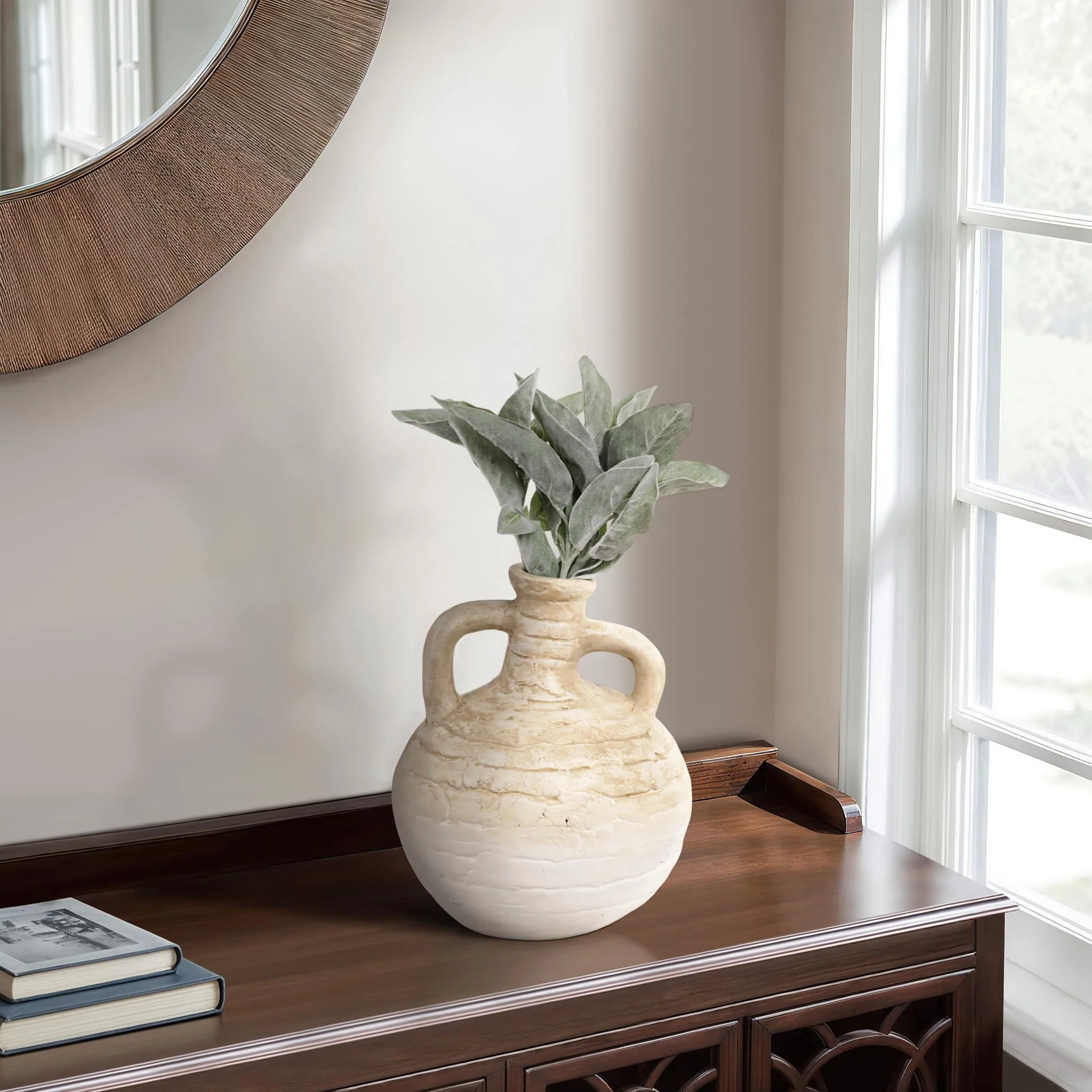 13" Bulbous Terracotta Eared Vase, Ivory - Image 11