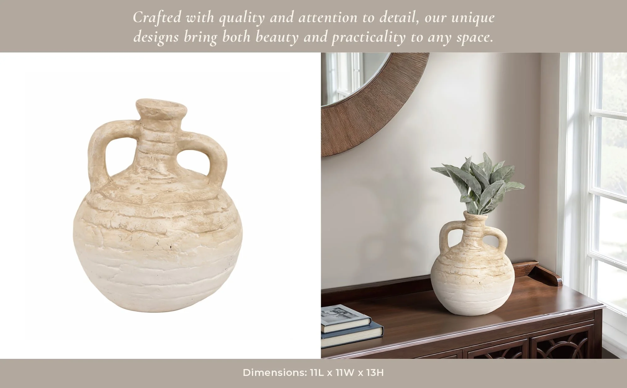 13" Bulbous Terracotta Eared Vase, Ivory - Image 12