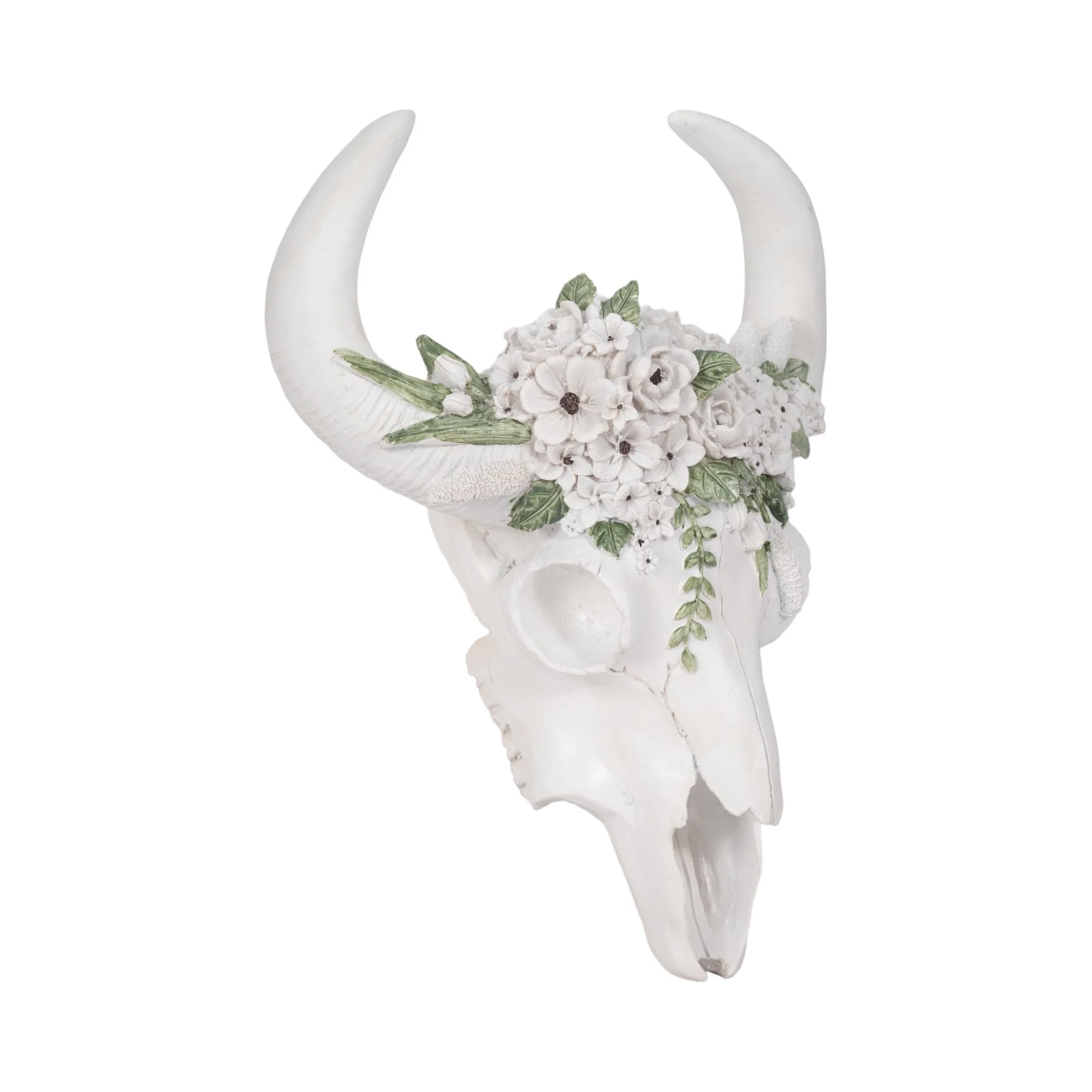 13" Bull Skull With White Flowers, White - Image 2