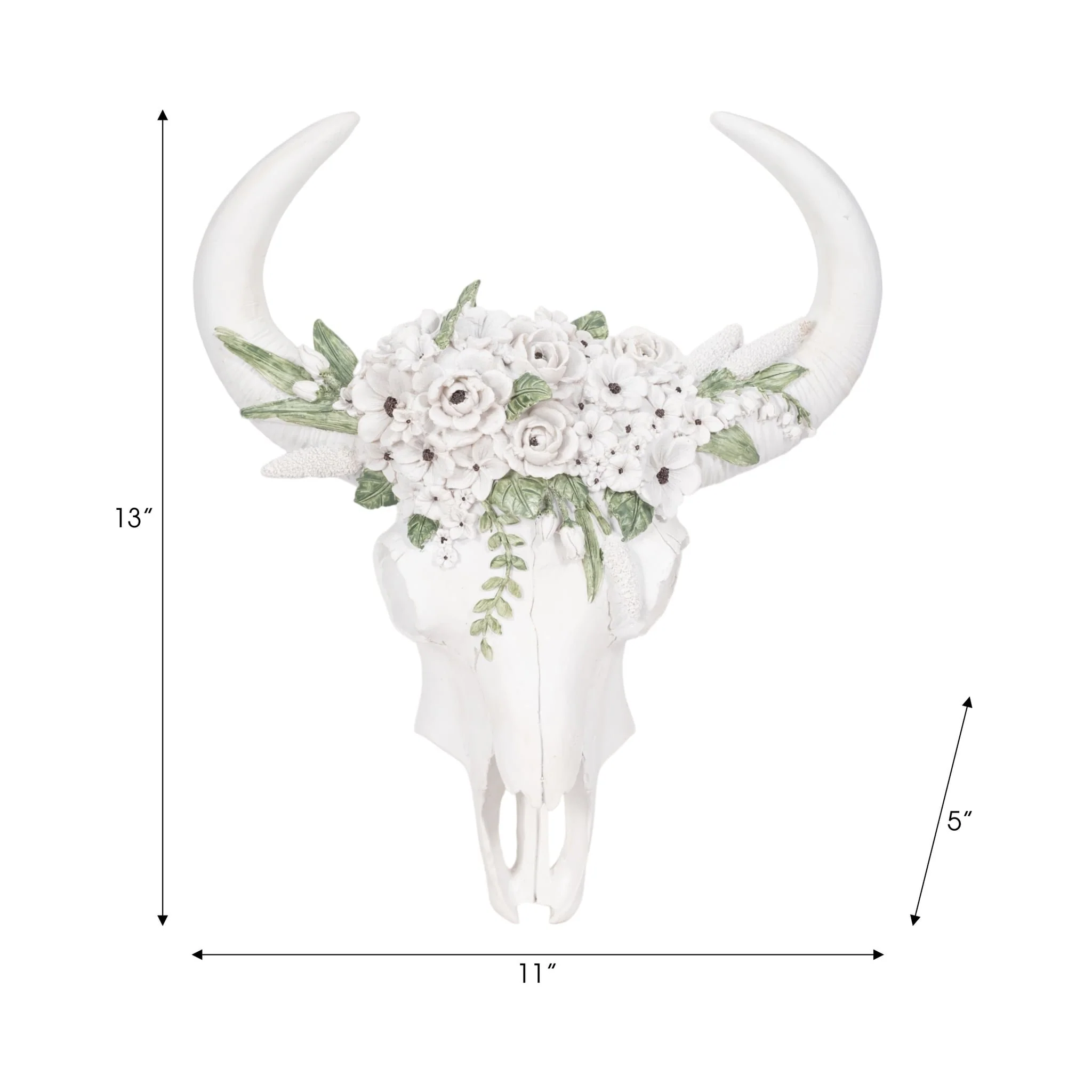 13" Bull Skull With White Flowers, White - Image 6