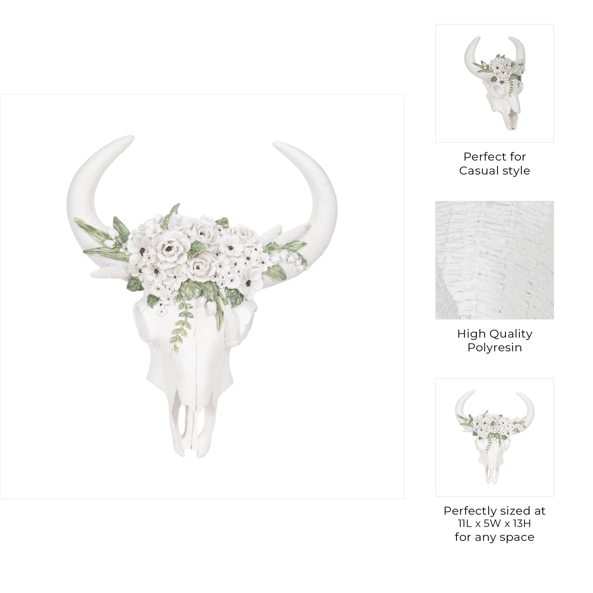 13" Bull Skull With White Flowers, White - Image 7