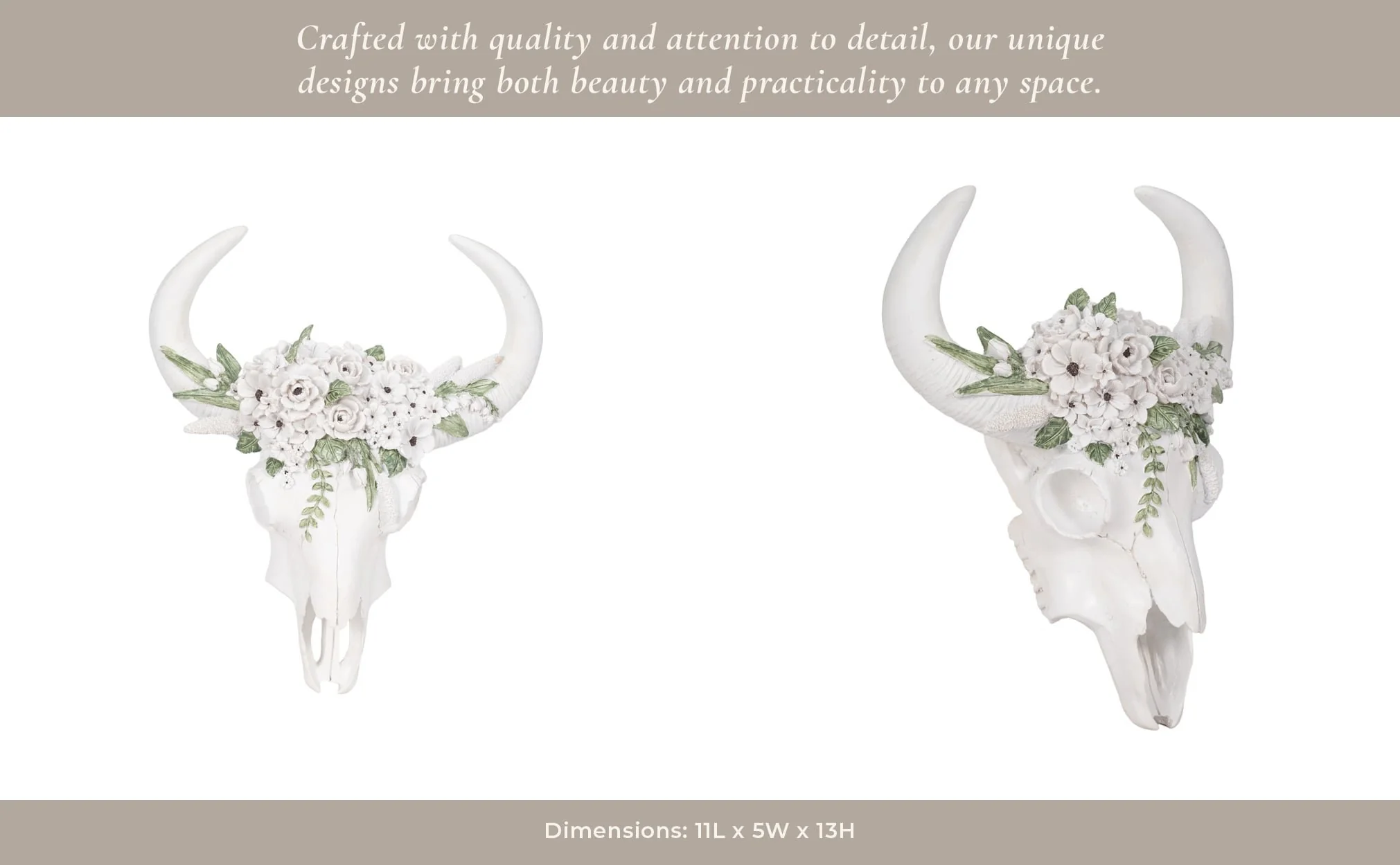 13" Bull Skull With White Flowers, White - Image 8