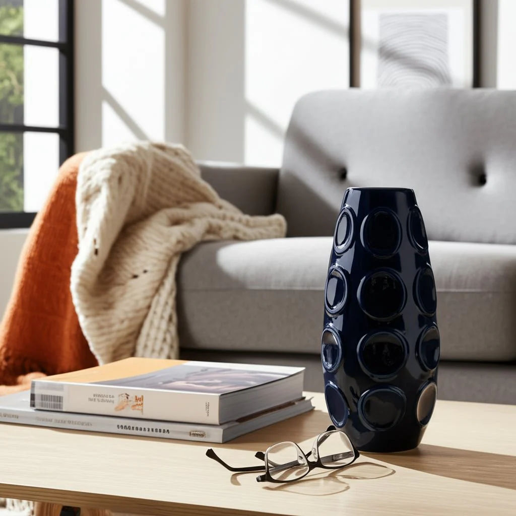 13" Circle Embossed Vase, Navy - Image 11