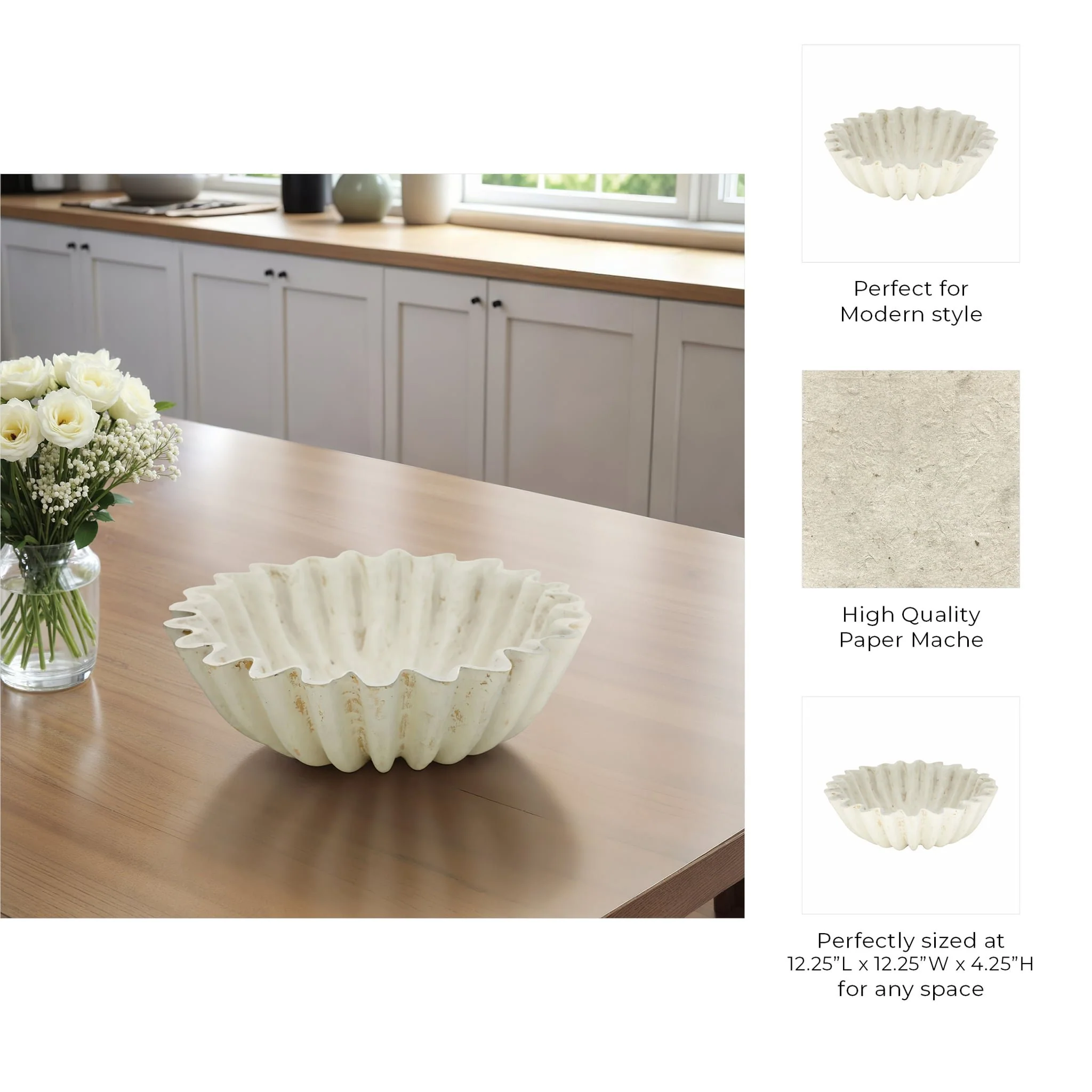 13" Fluted Paper Mache Bowl, Ivory - Image 8