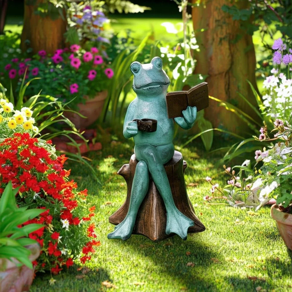 13" Frog On Stump With Book And Coffee, Multi - Image 12