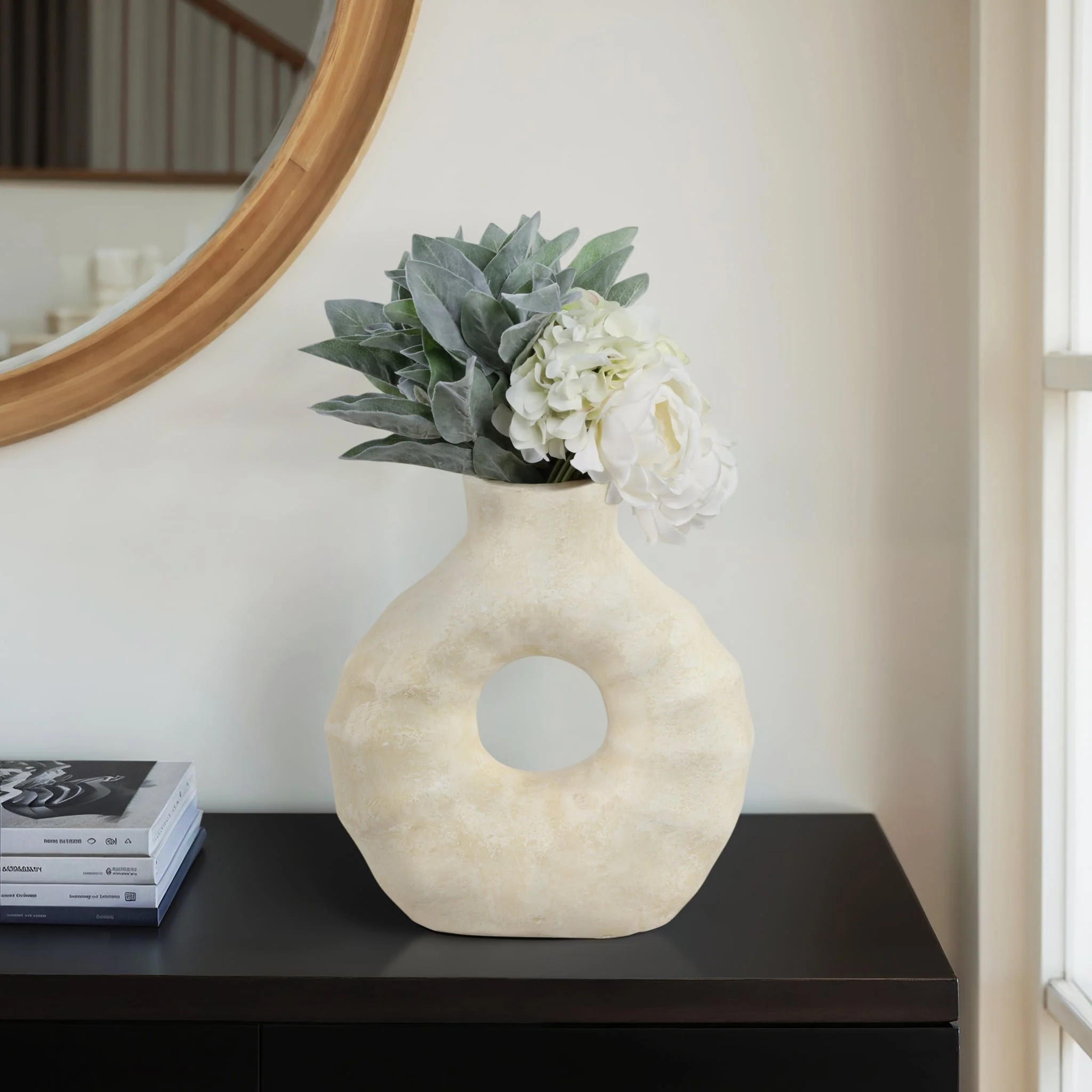 13" Ridged Open Cut-out Terracotta Vase, Ivory - Image 10