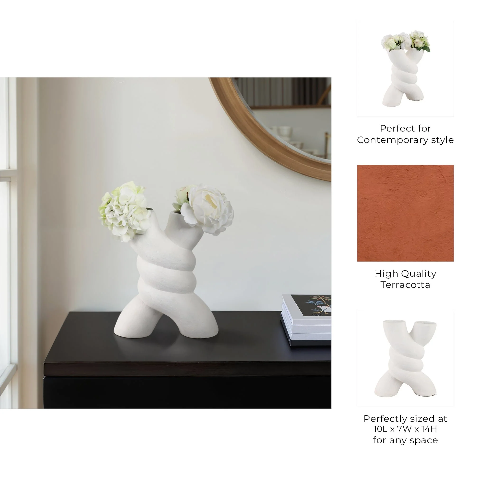 13" Twisted X Shape Terracotta Vase, White - Image 10