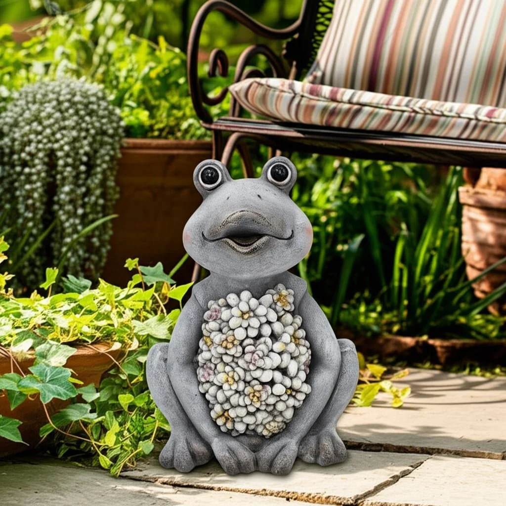 13x10" Sitting Frog With Solar Flowers, Grey Multi - Image 10