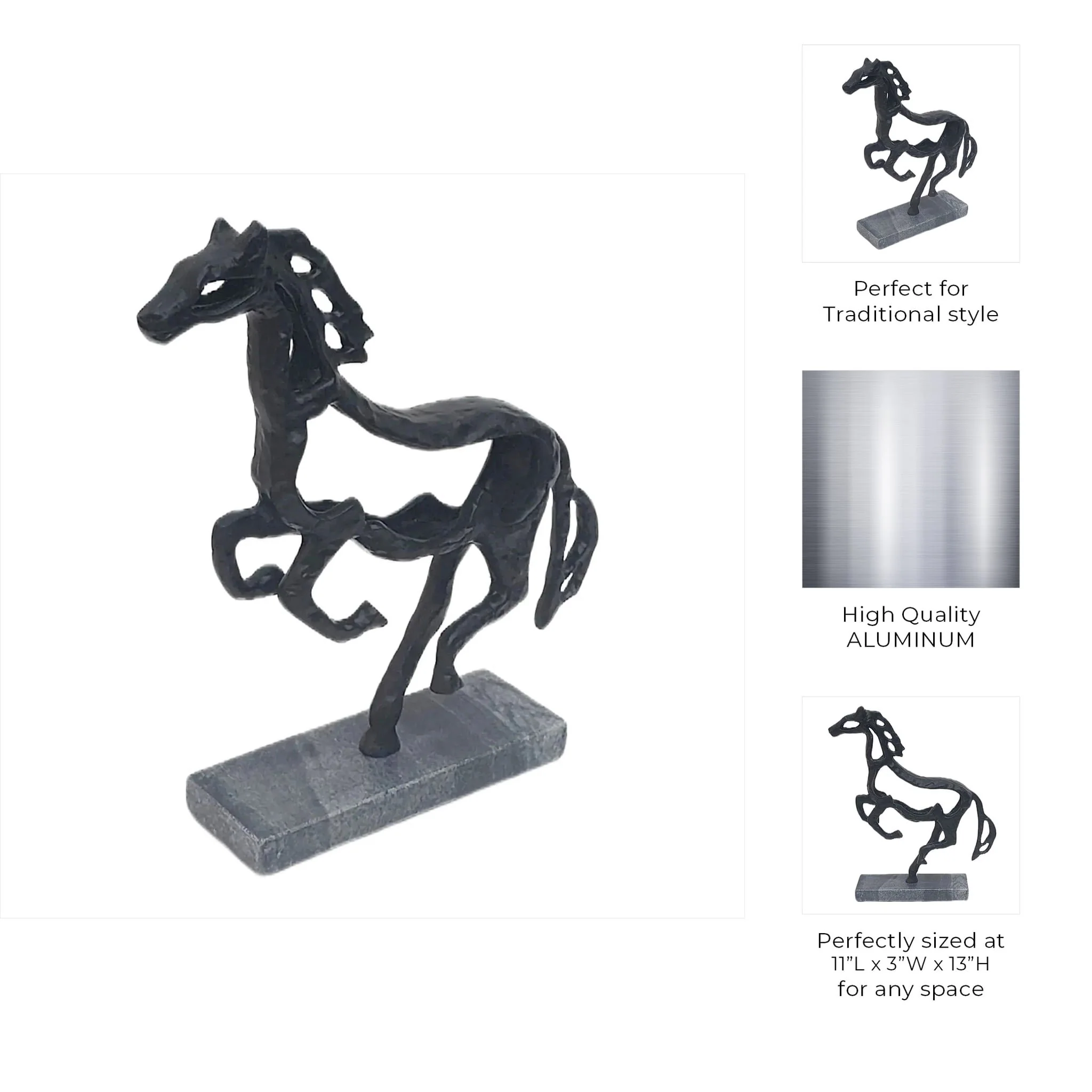 13x11" Galloping Horse On Marble Base, Black - Image 10