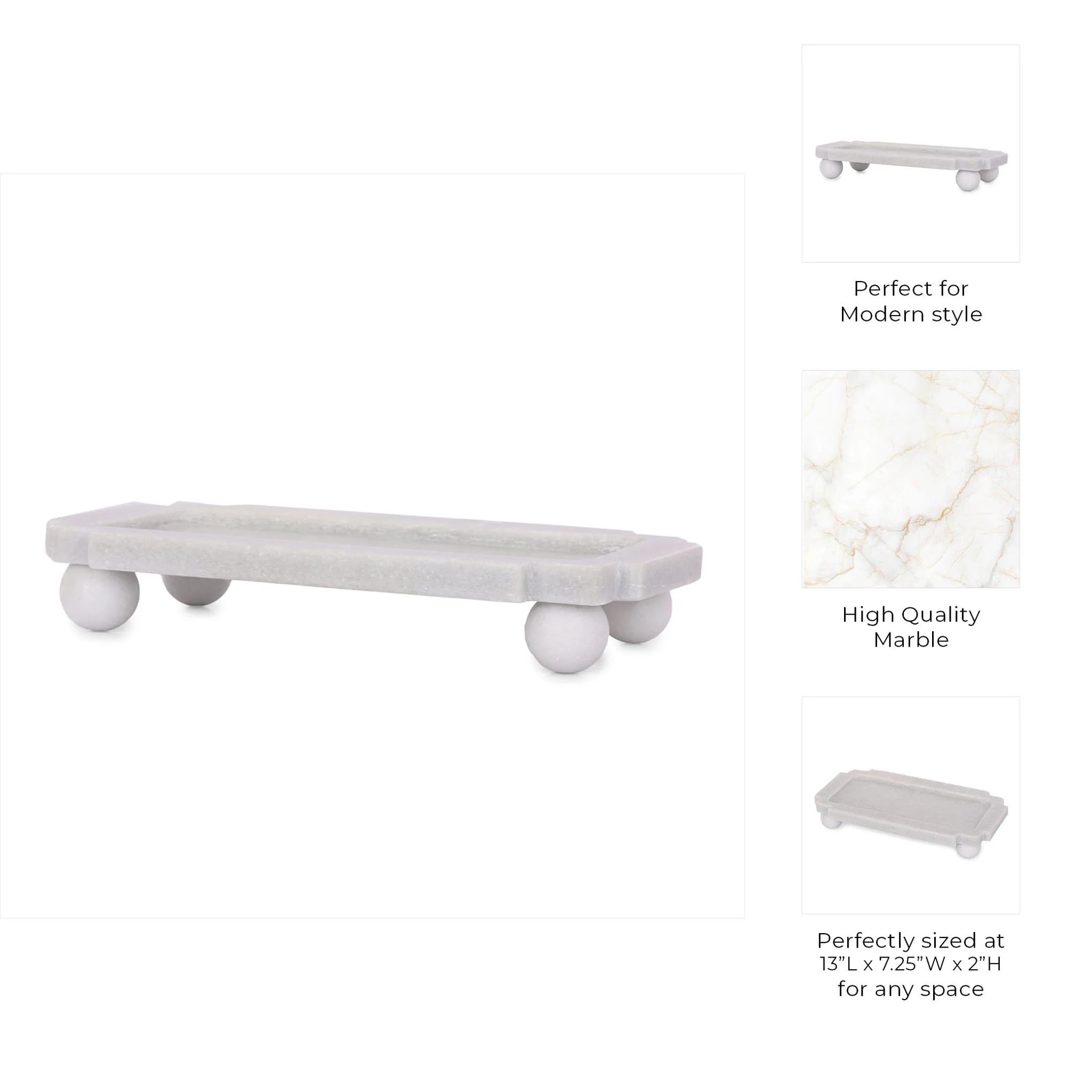 13x7" Marble Tray With Ball Feet, White - Image 4