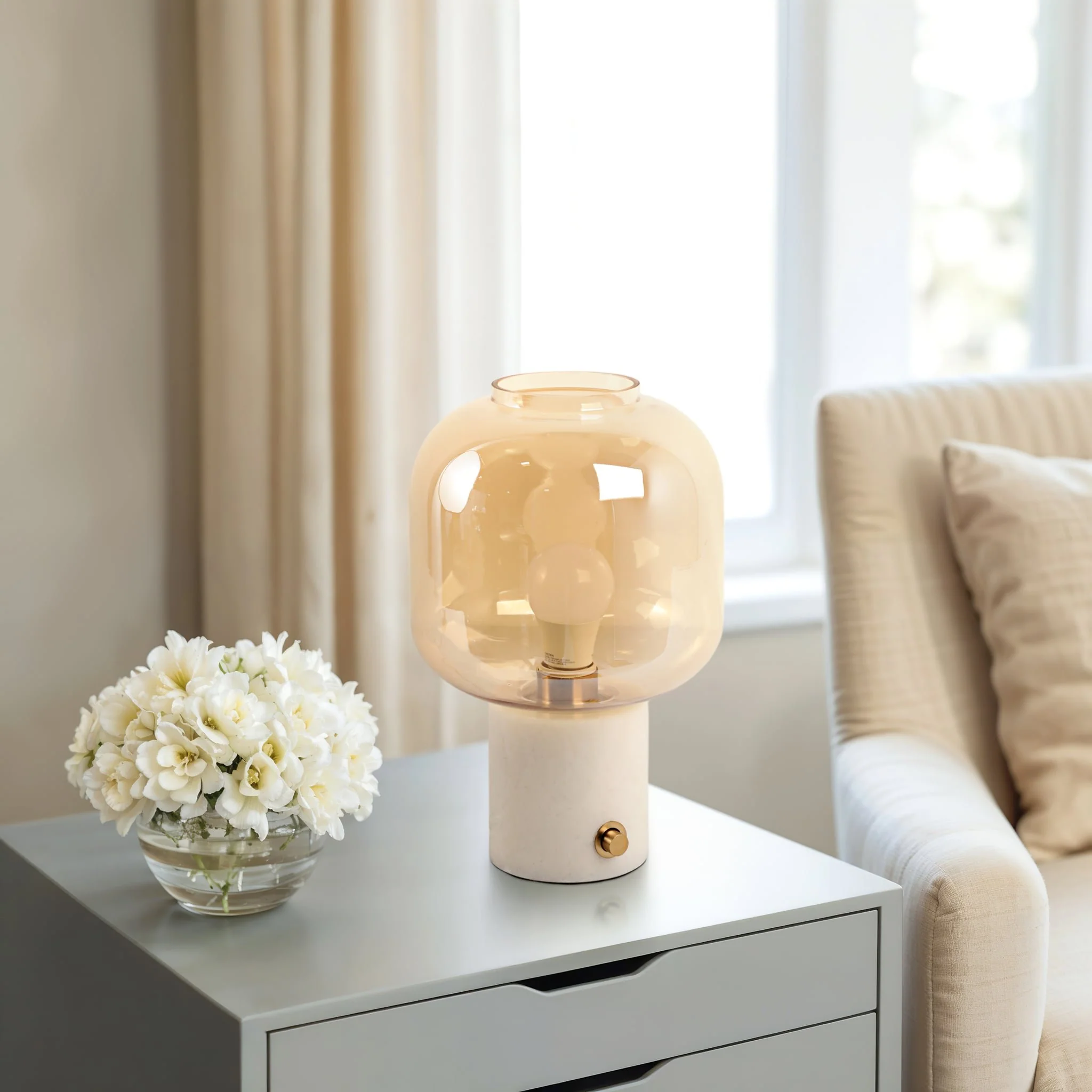 13x9" Glass Shade On Marble Base With Switch, Whit - Image 8