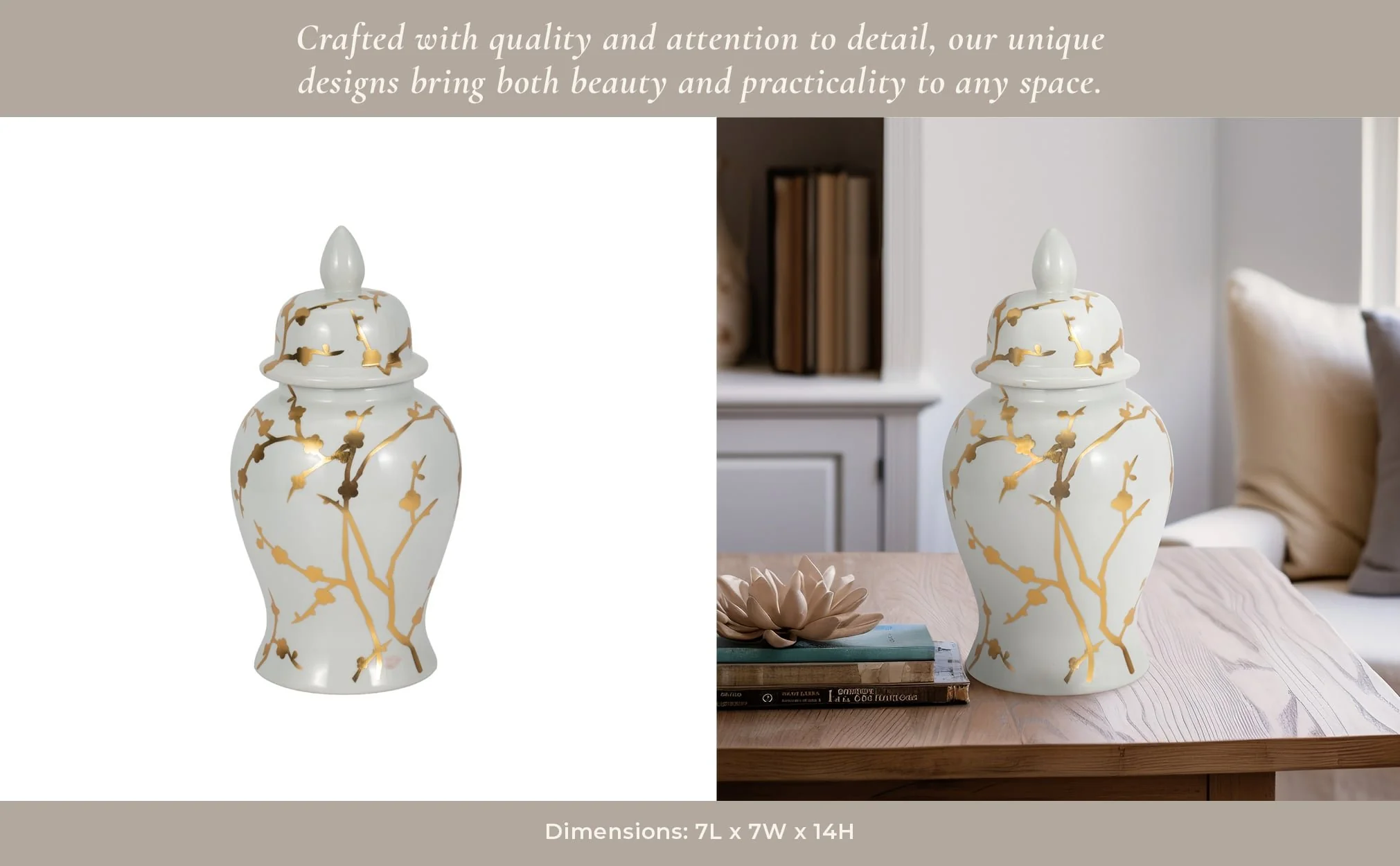 14" Gold Cherry Blossom Temple Jar, White - Image 11