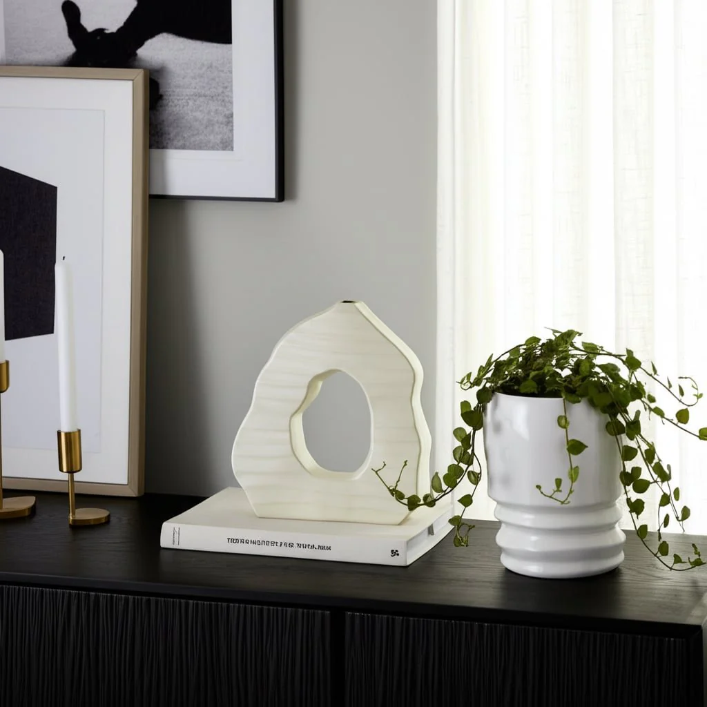 14" Ribbed Open-cut Out Vase, Ivory - Image 10