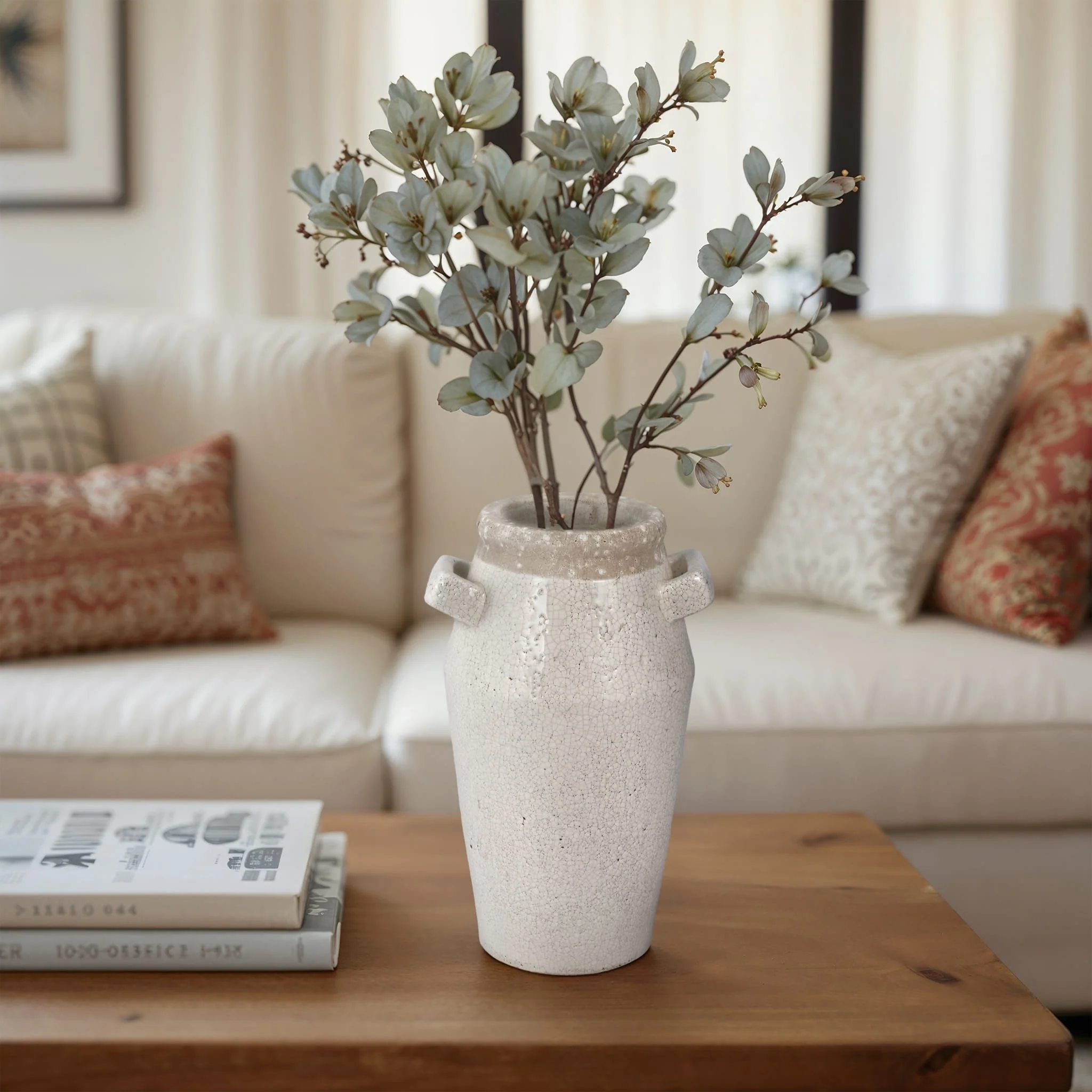 14" Squared Handle Crackle Vase, White/ - Image 11