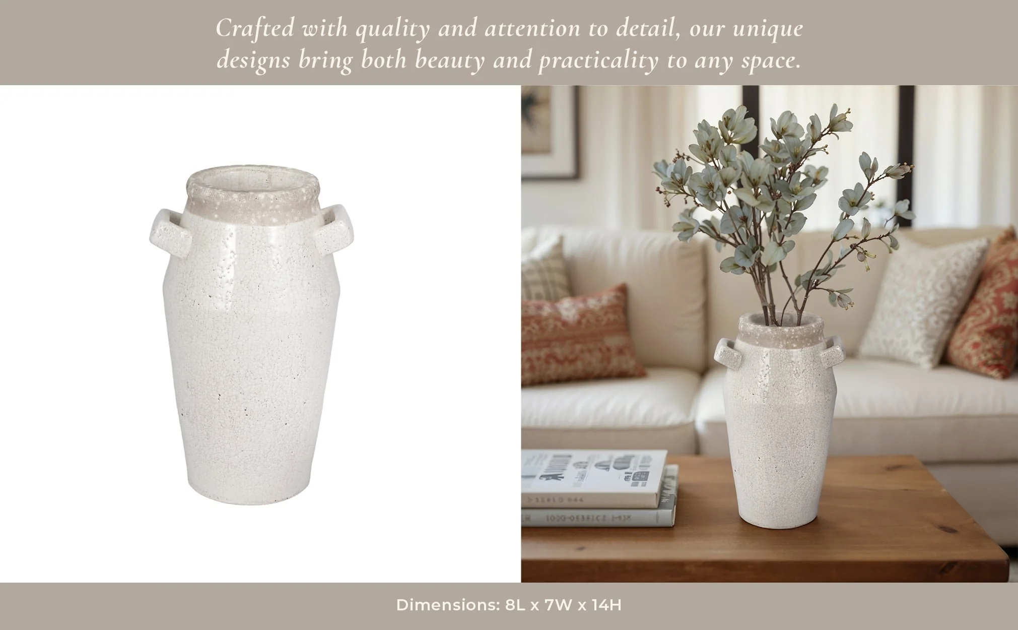 14" Squared Handle Crackle Vase, White/ - Image 12