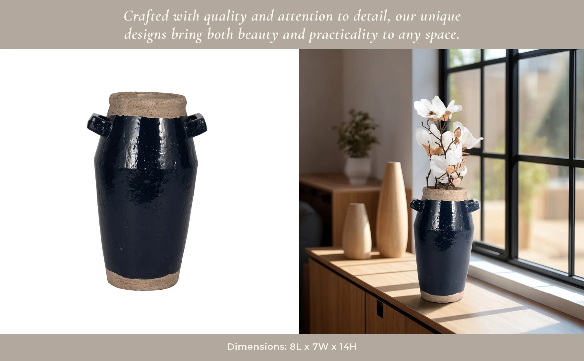 14" Squared Handle Vase, Navy/tan - Image 12