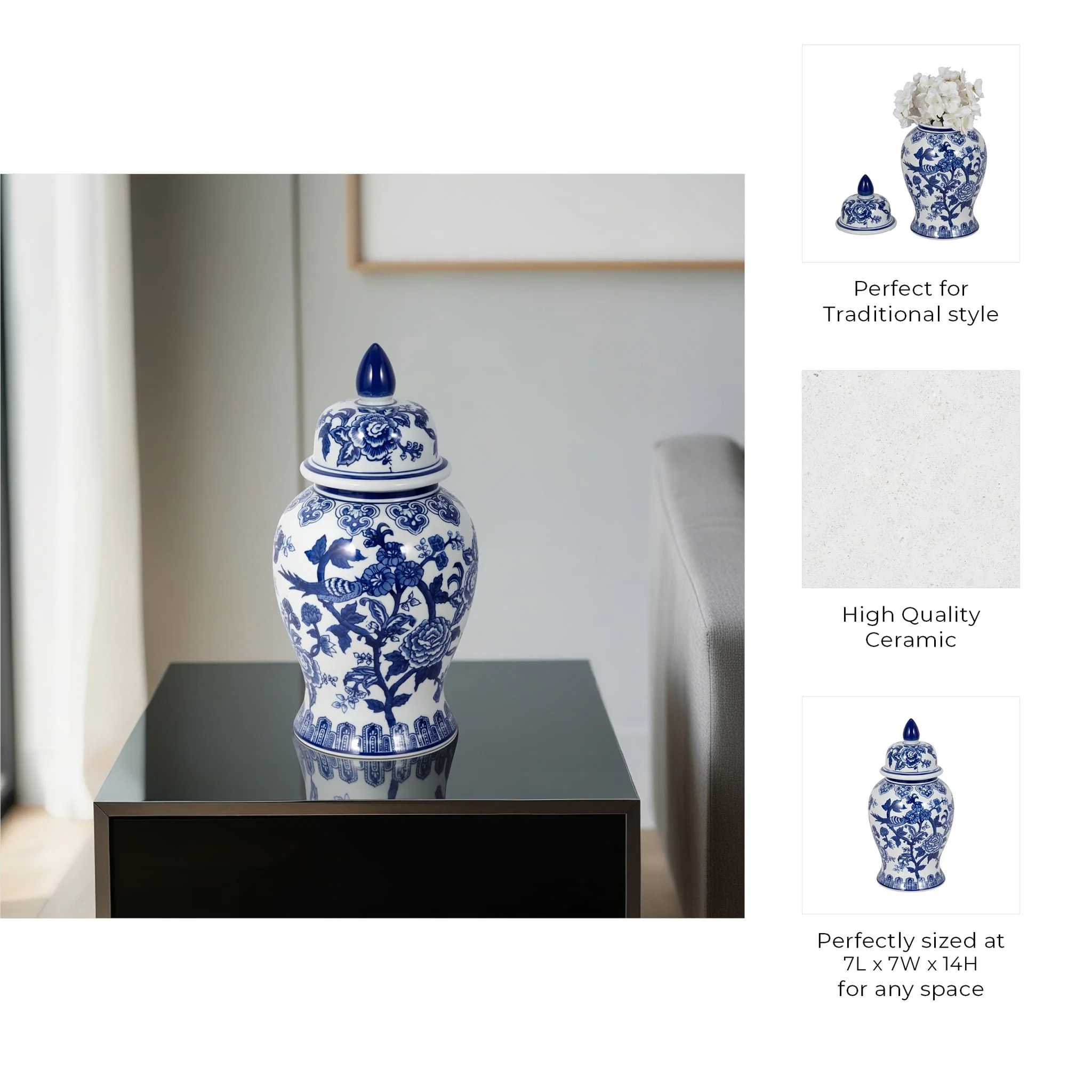 14" Temple Jar Bird/flower, Blue - Image 9
