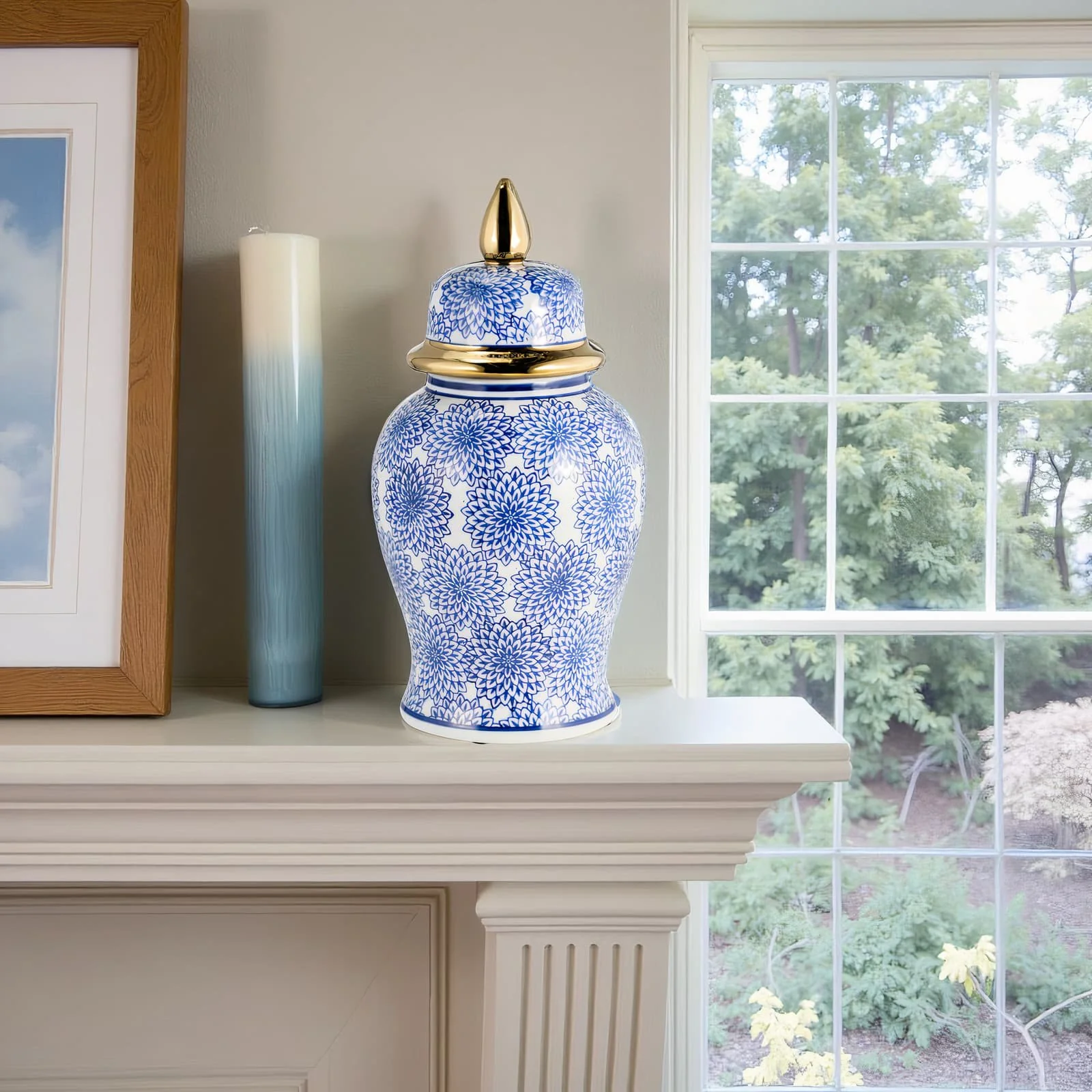 14" Temple Jar W/dalhia Flower,blue & White - Image 10
